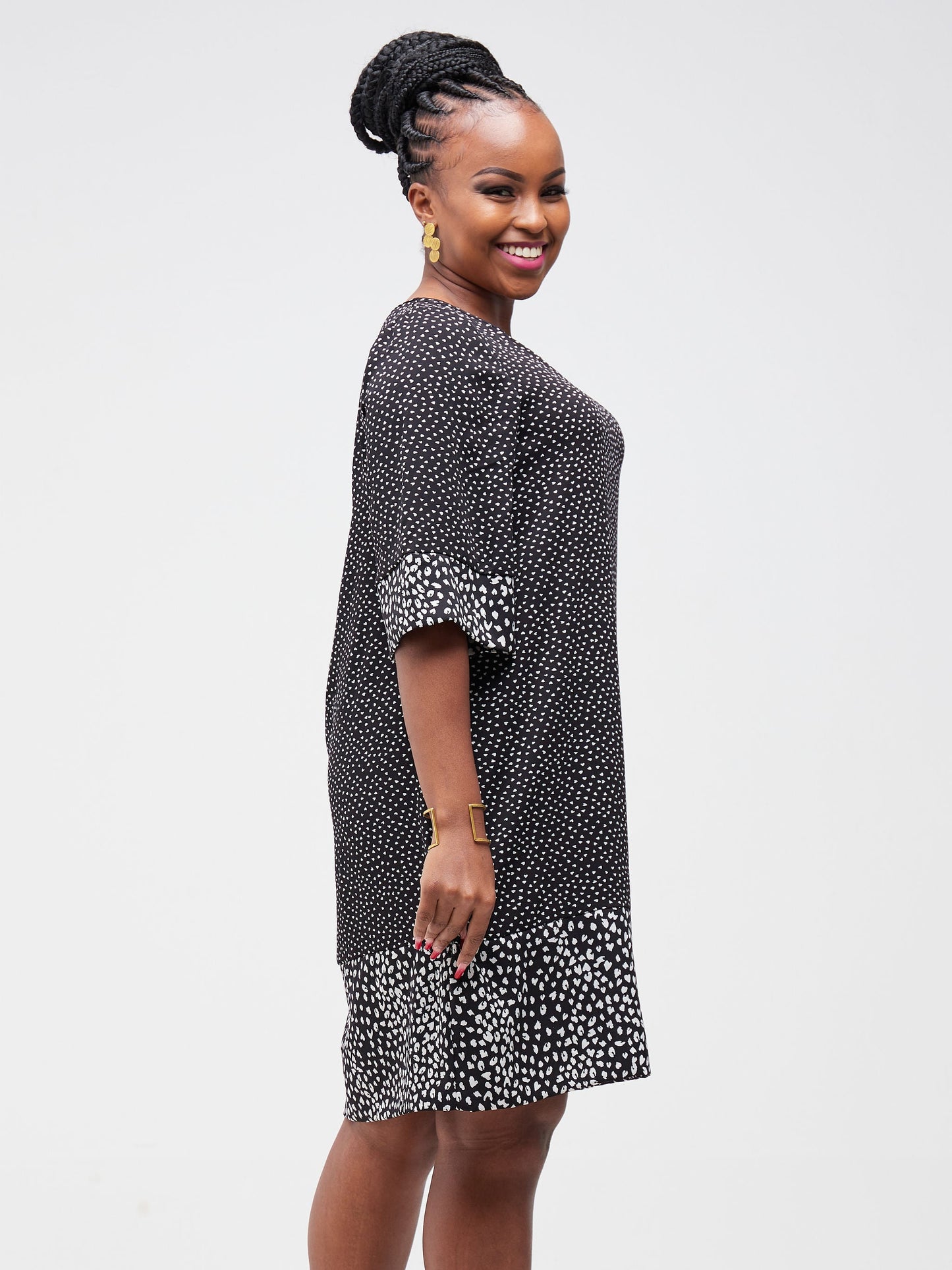 Vivo Zuri 3/4 Sleeved A-Line Dress - Black / White Love Heart + Black / White Abstract Print