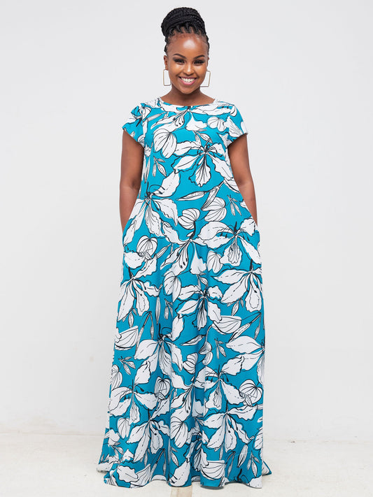 Vivo Basic Cap Sleeved Tent Maxi Dress - Teal / White Floral Print