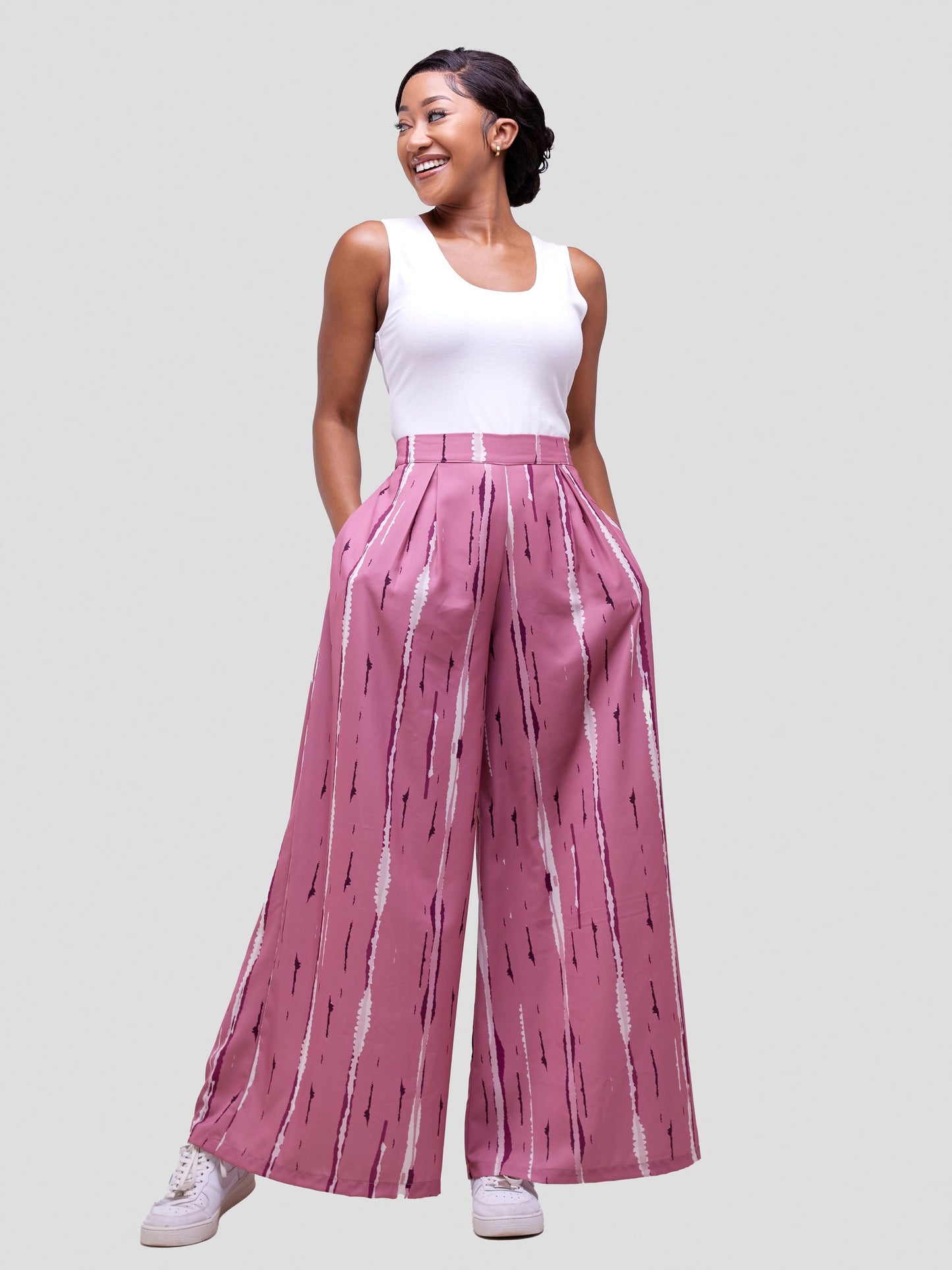 Vivo Soleil Wide leg Pleated Pants - Dusty Pink / Purple Nuru Print