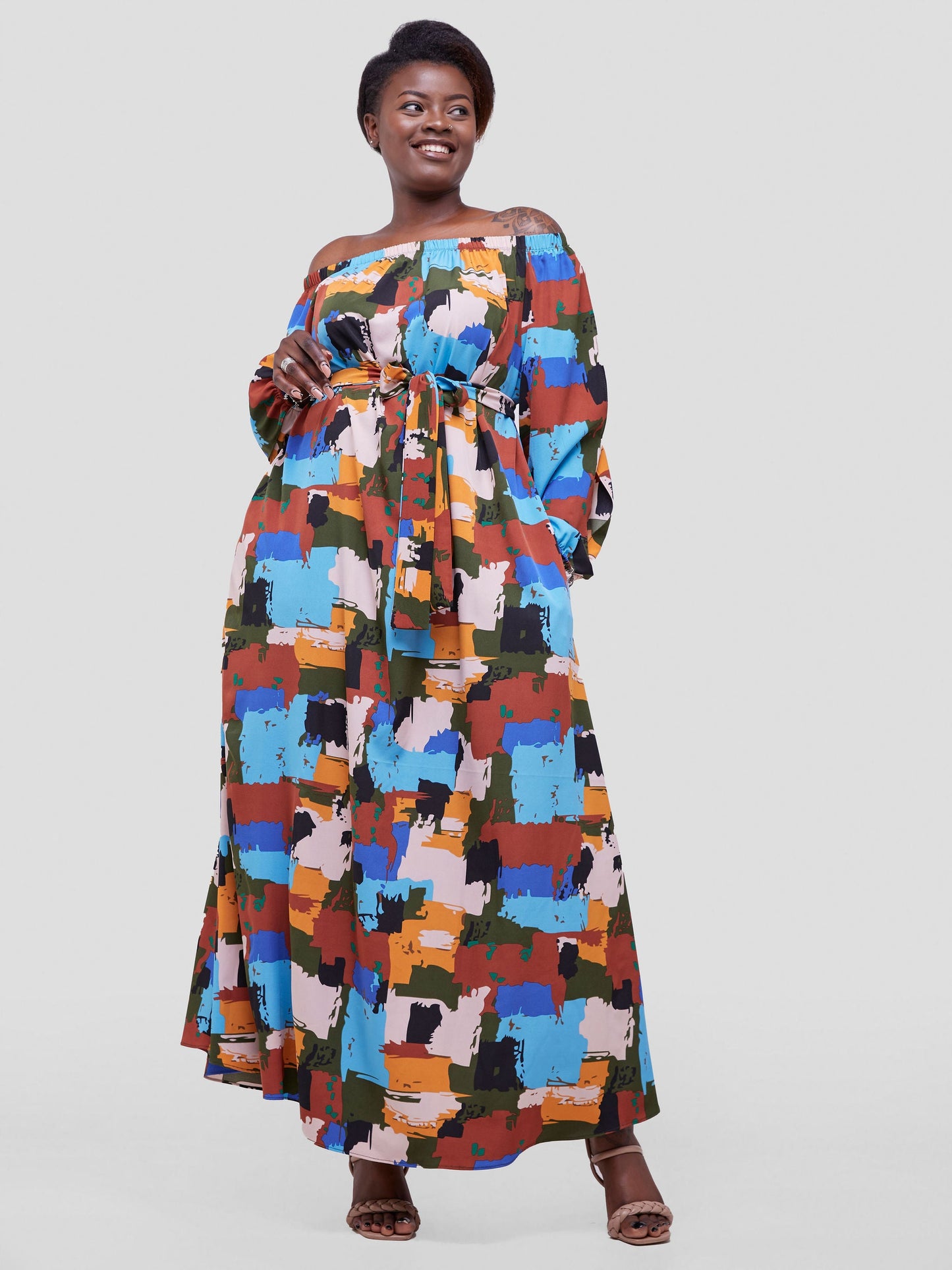 Vivo Maisha Off Shoulder Maxi Dress - Blue / Rust Abstract Print
