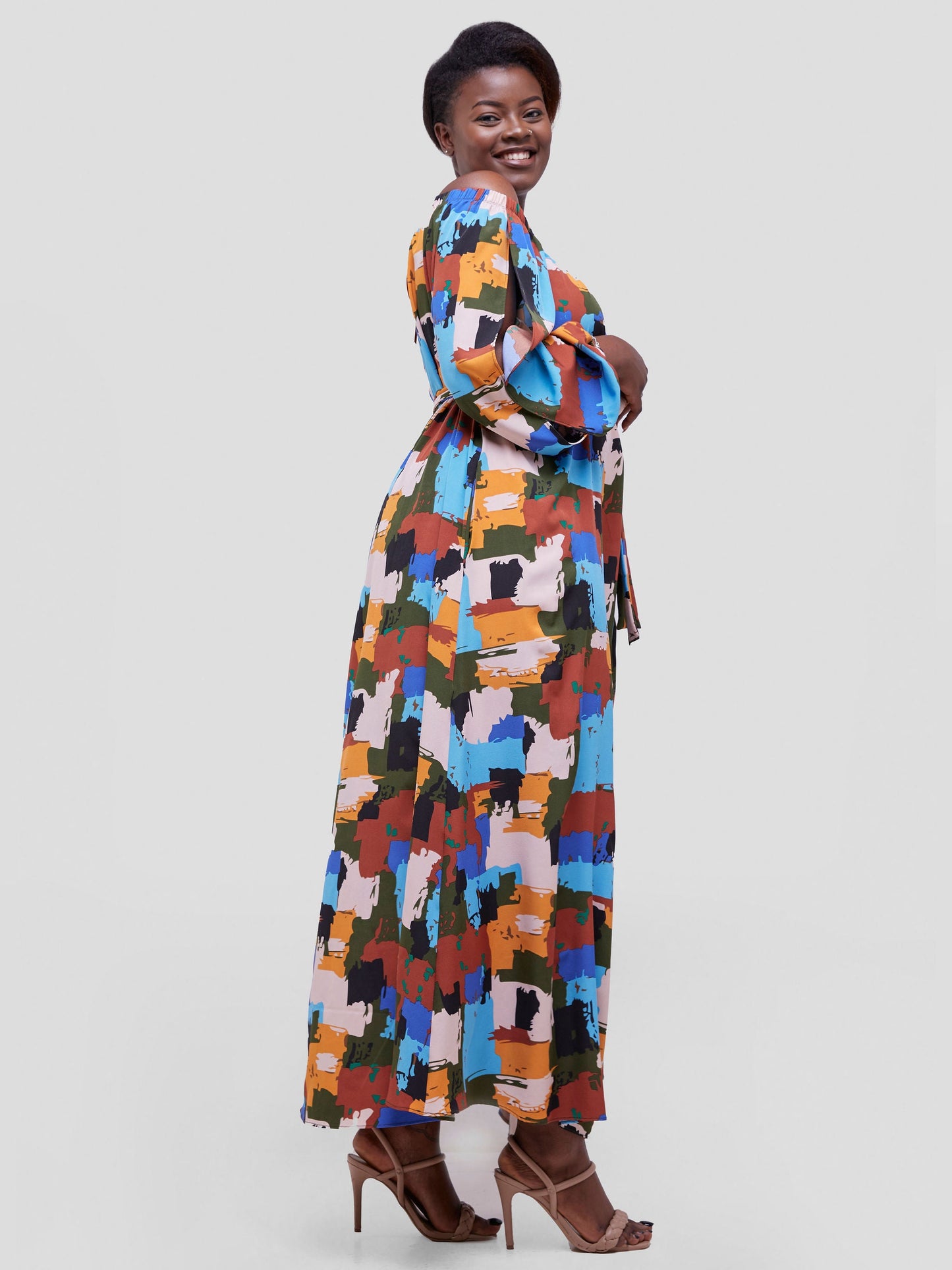 Vivo Maisha Off Shoulder Maxi Dress - Blue / Rust Abstract Print