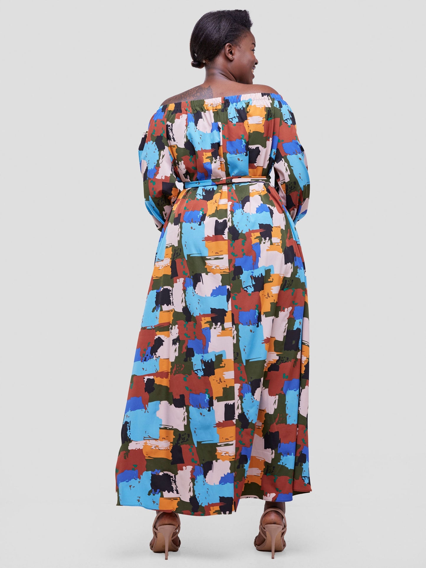 Vivo Maisha Off Shoulder Maxi Dress - Blue / Rust Abstract Print