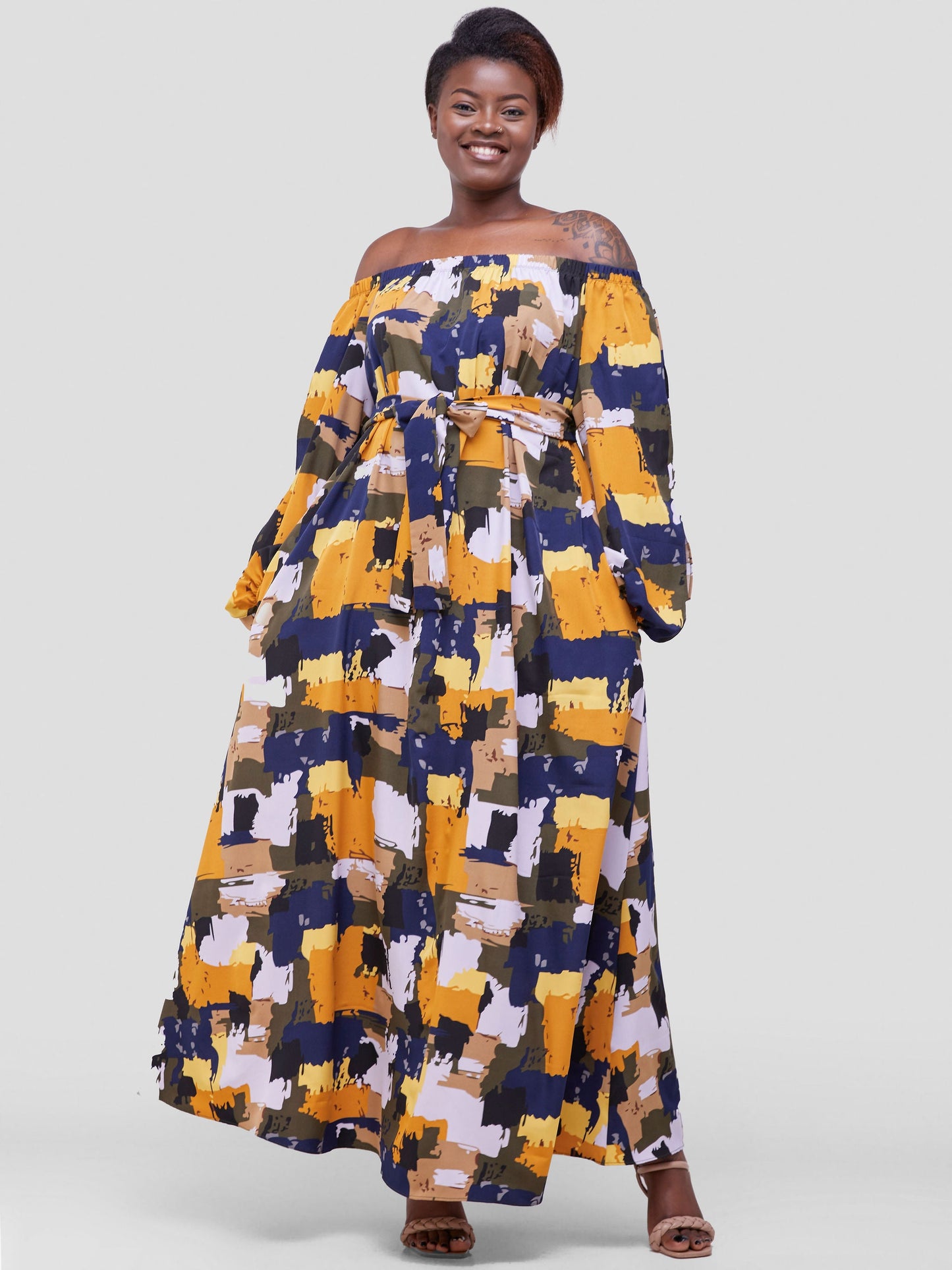 Vivo Maisha Off Shoulder Maxi Dress - Mustard / Navy Abstract Print