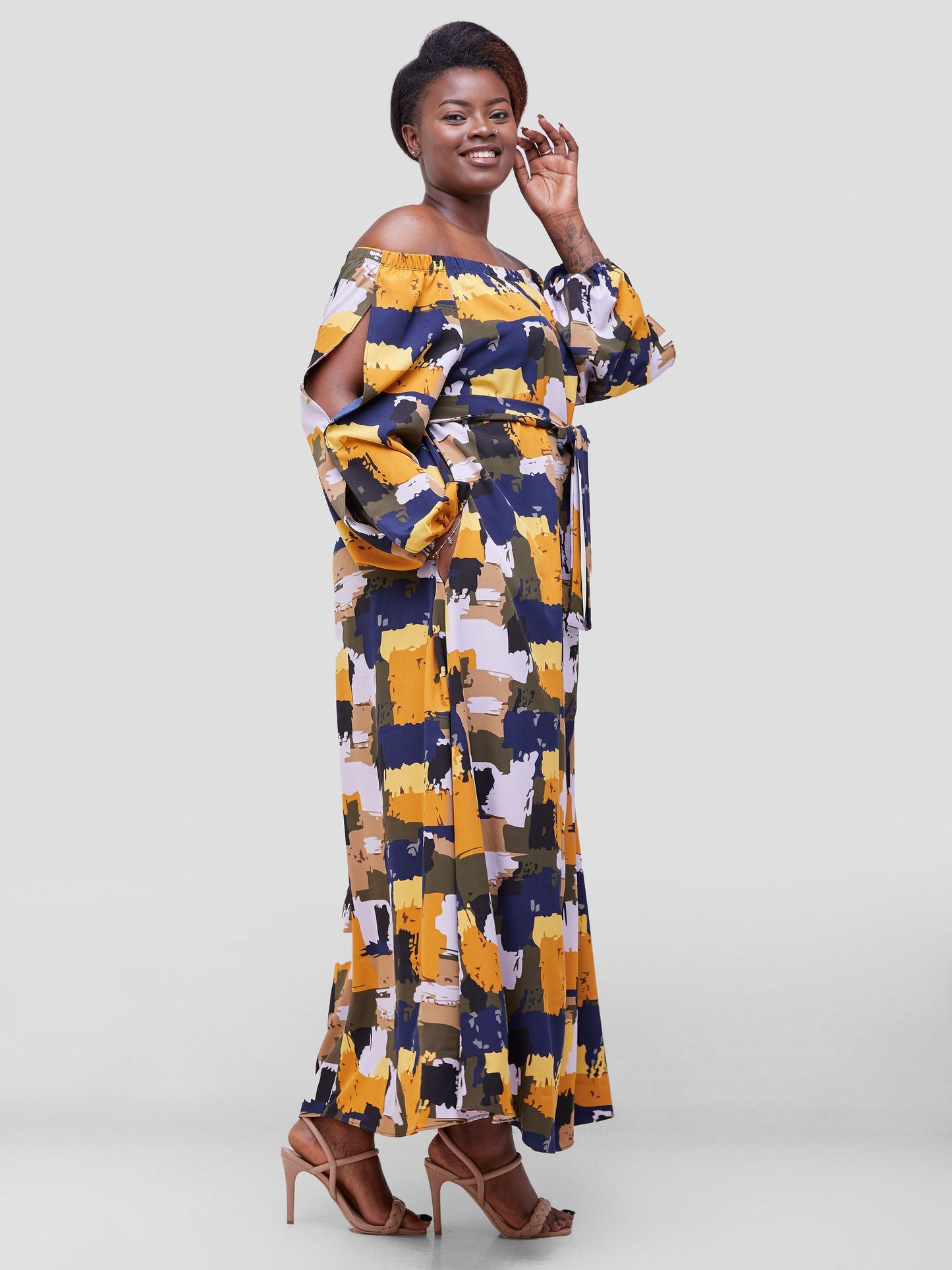 Vivo Maisha Off Shoulder Maxi Dress - Mustard / Navy Abstract Print