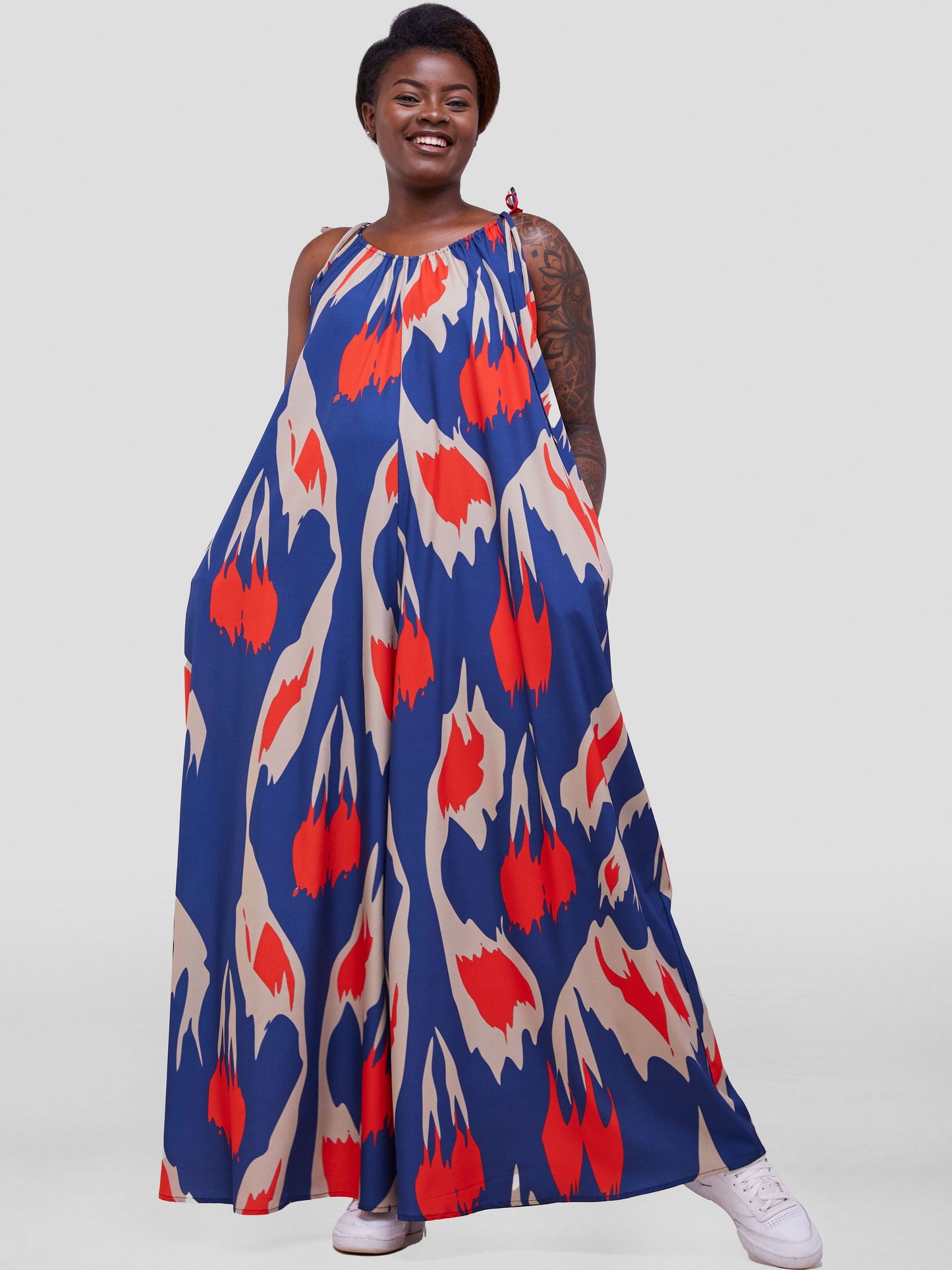 Vivo Maisha Strappy Jumpsuit Cover Up - Taupe / Navy Abstract Print