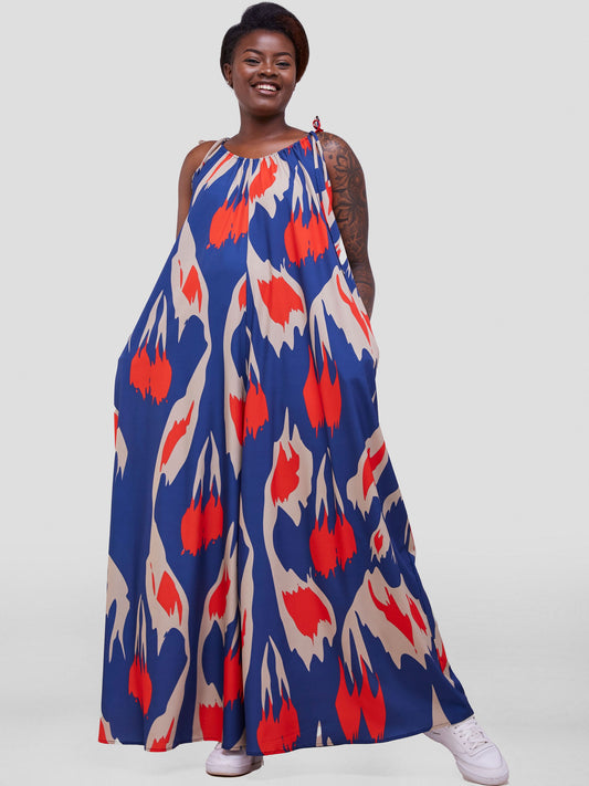Vivo Maisha Strappy Jumpsuit Cover Up - Taupe / Navy Abstract Print