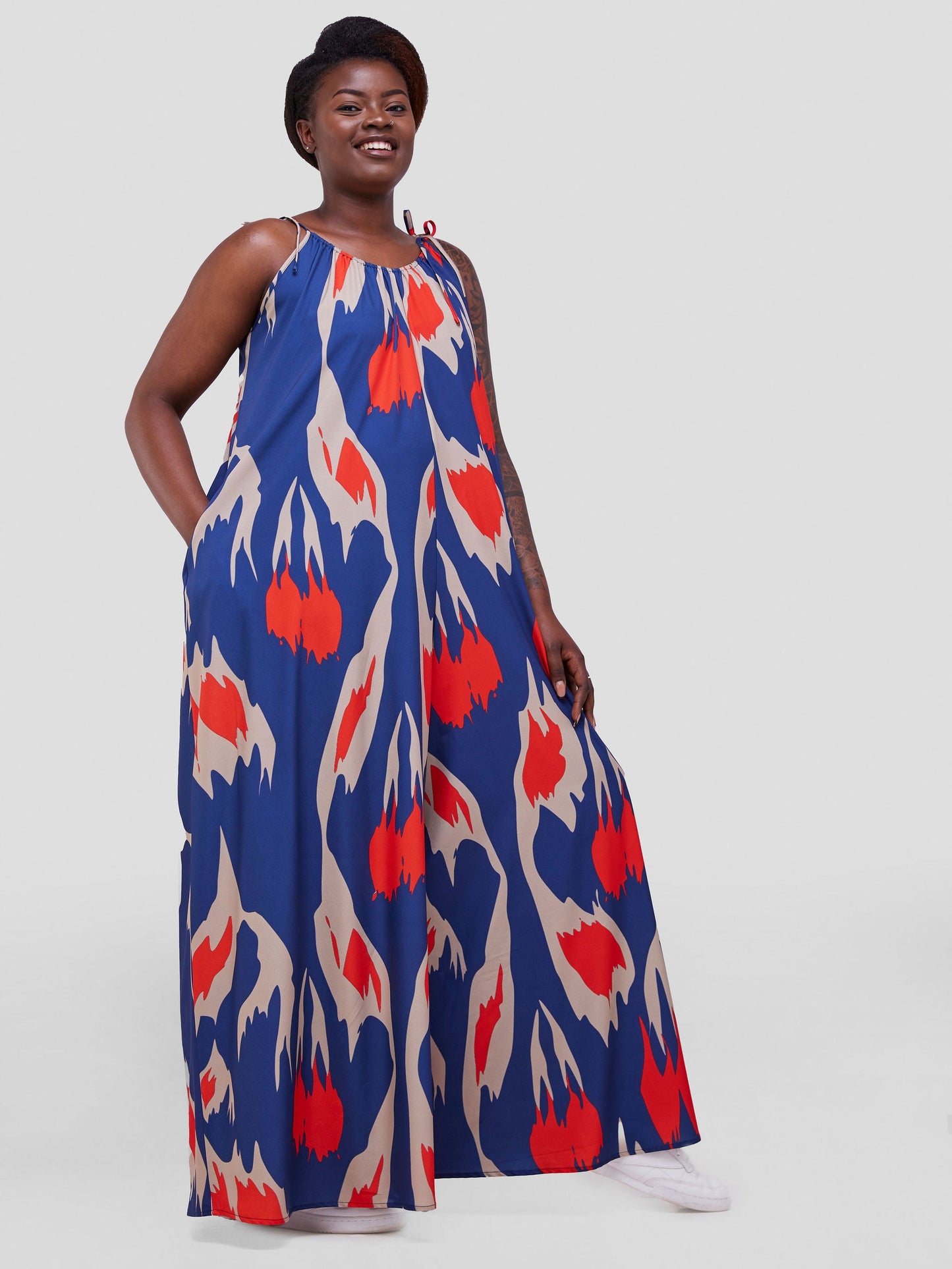 Vivo Maisha Strappy Jumpsuit Cover Up - Taupe / Navy Abstract Print