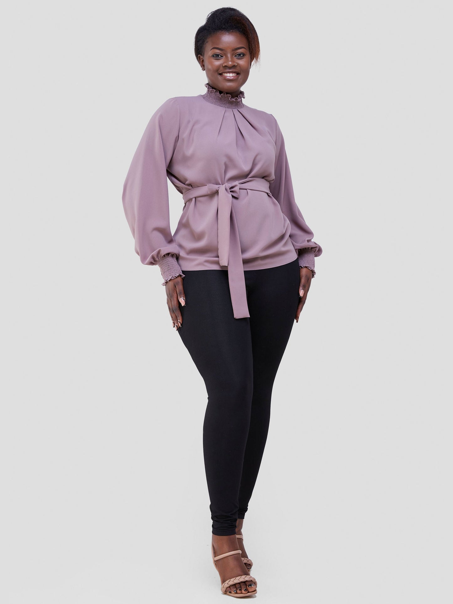 Vivo Zena Bishop Sleeve Mock Neck Top - Dark Taupe