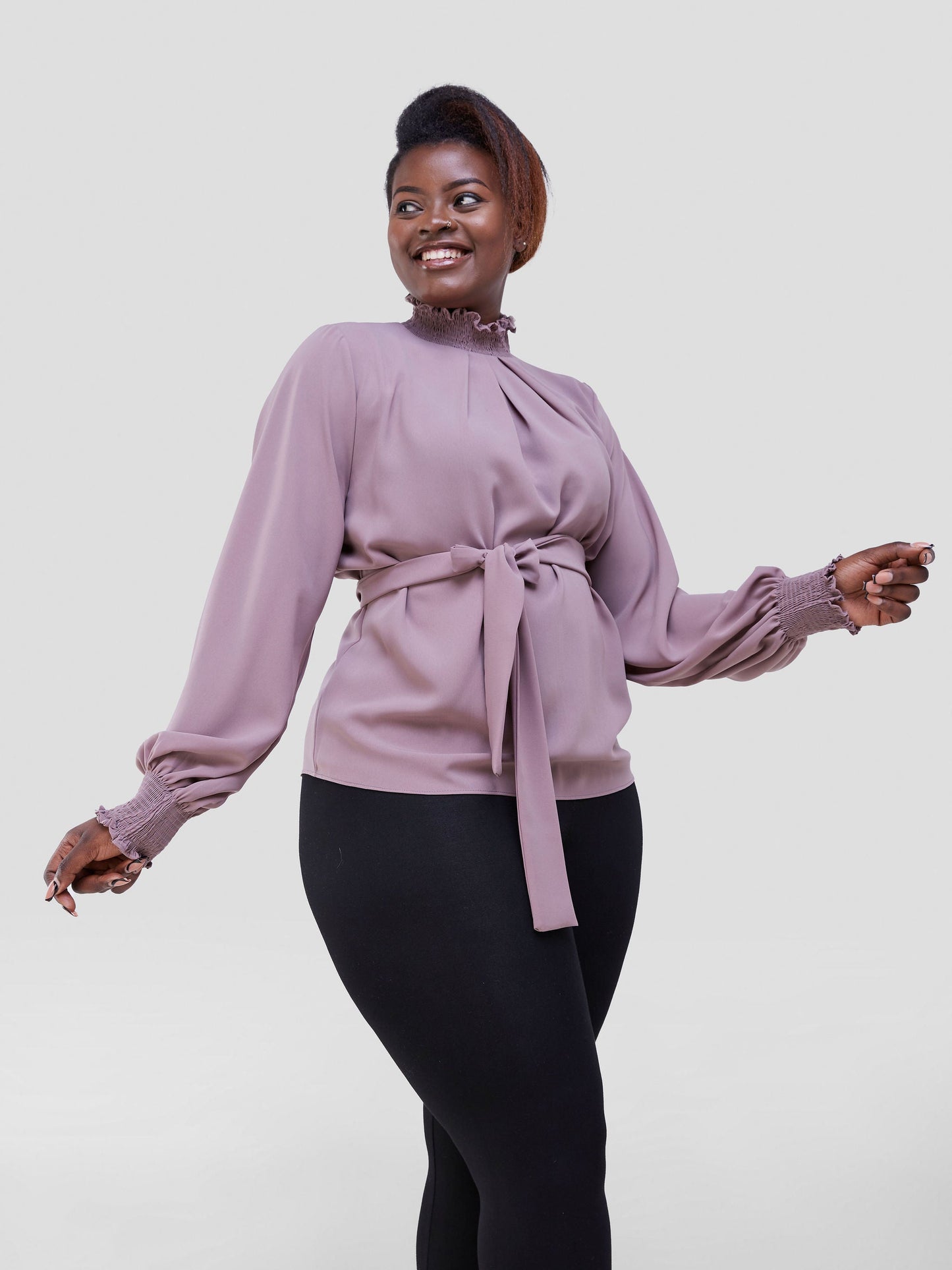 Vivo Zena Bishop Sleeve Mock Neck Top - Dark Taupe