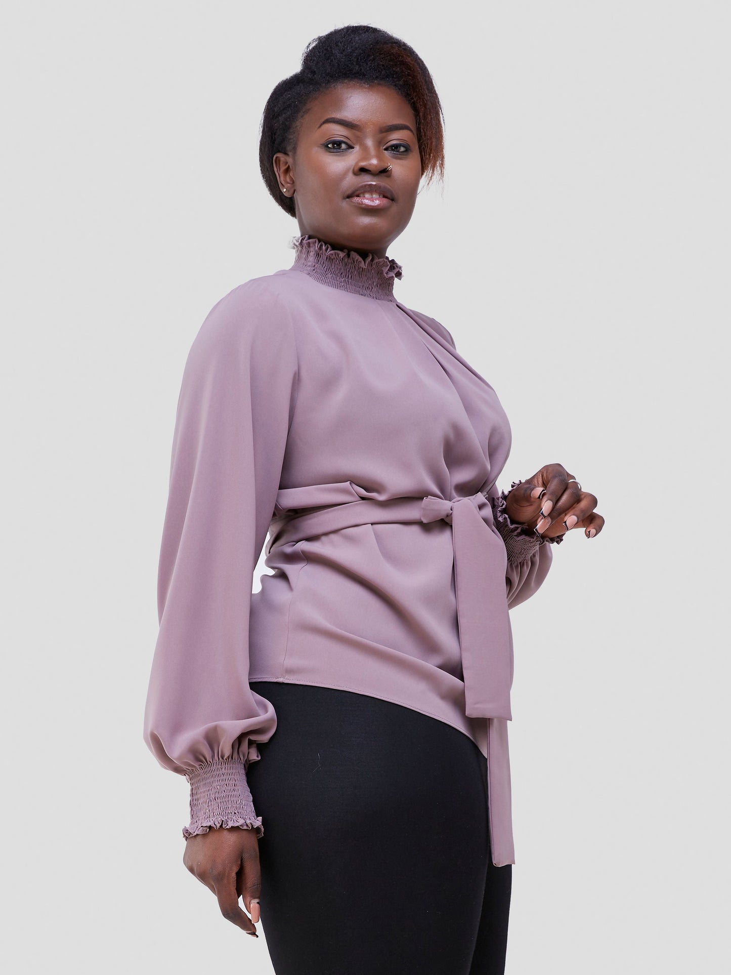 Vivo Zena Bishop Sleeve Mock Neck Top - Dark Taupe