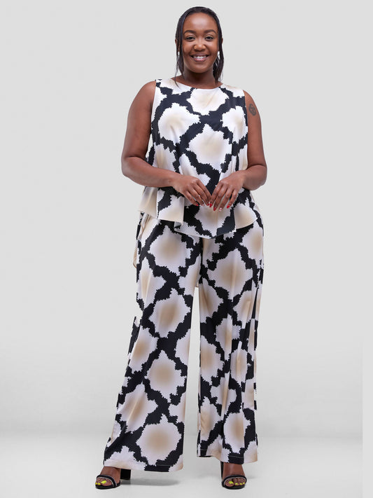 Vivo Soleil Sleeveless Drape Jumpsuit - Black / Taupe Almasi Print