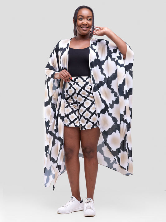 Vivo Soleil Side Drape Kimono - Black / Taupe Almasi Print