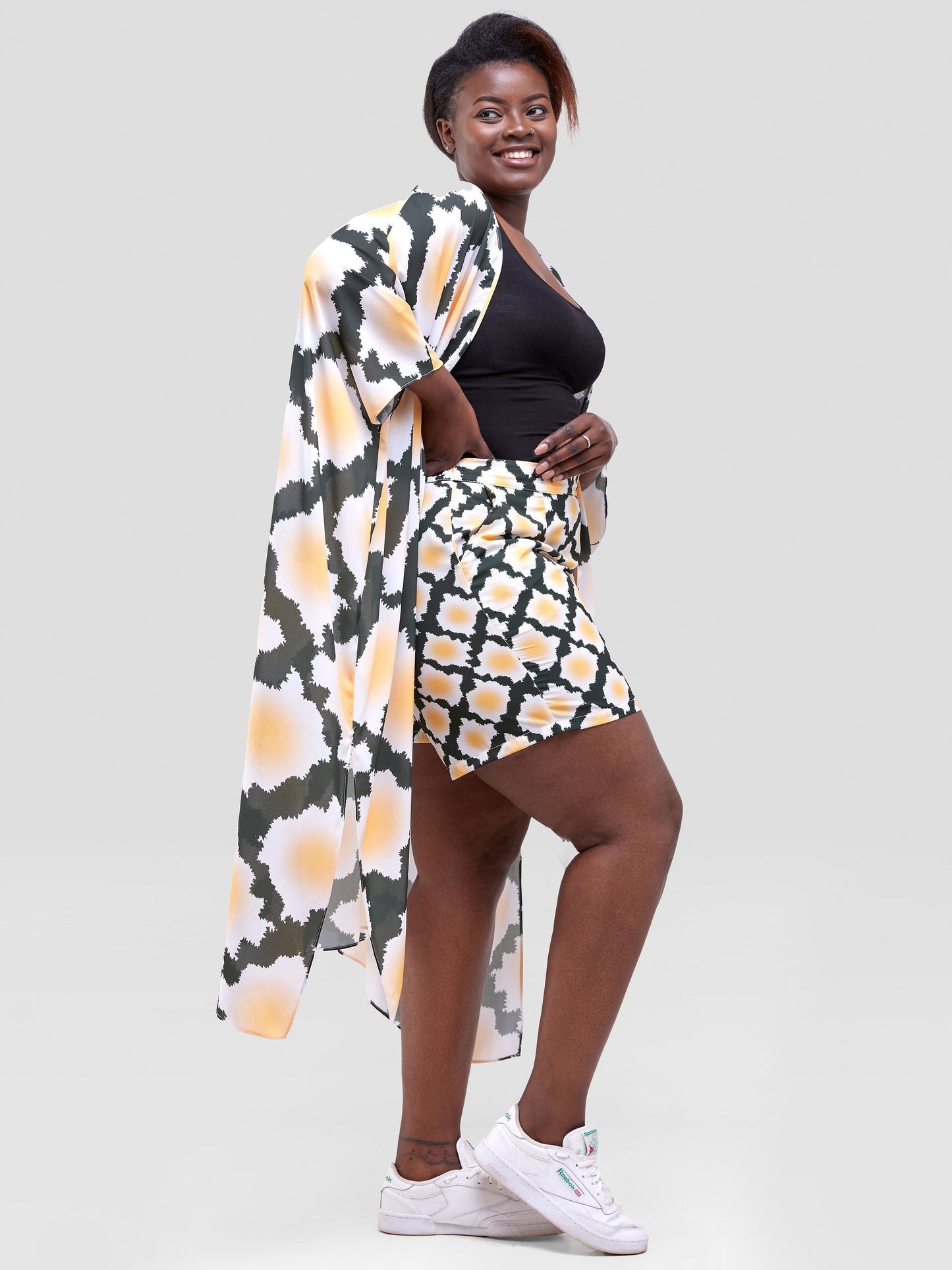 Vivo Soleil Side Drape Kimono - Mustard / Hunters Green Almasi Print