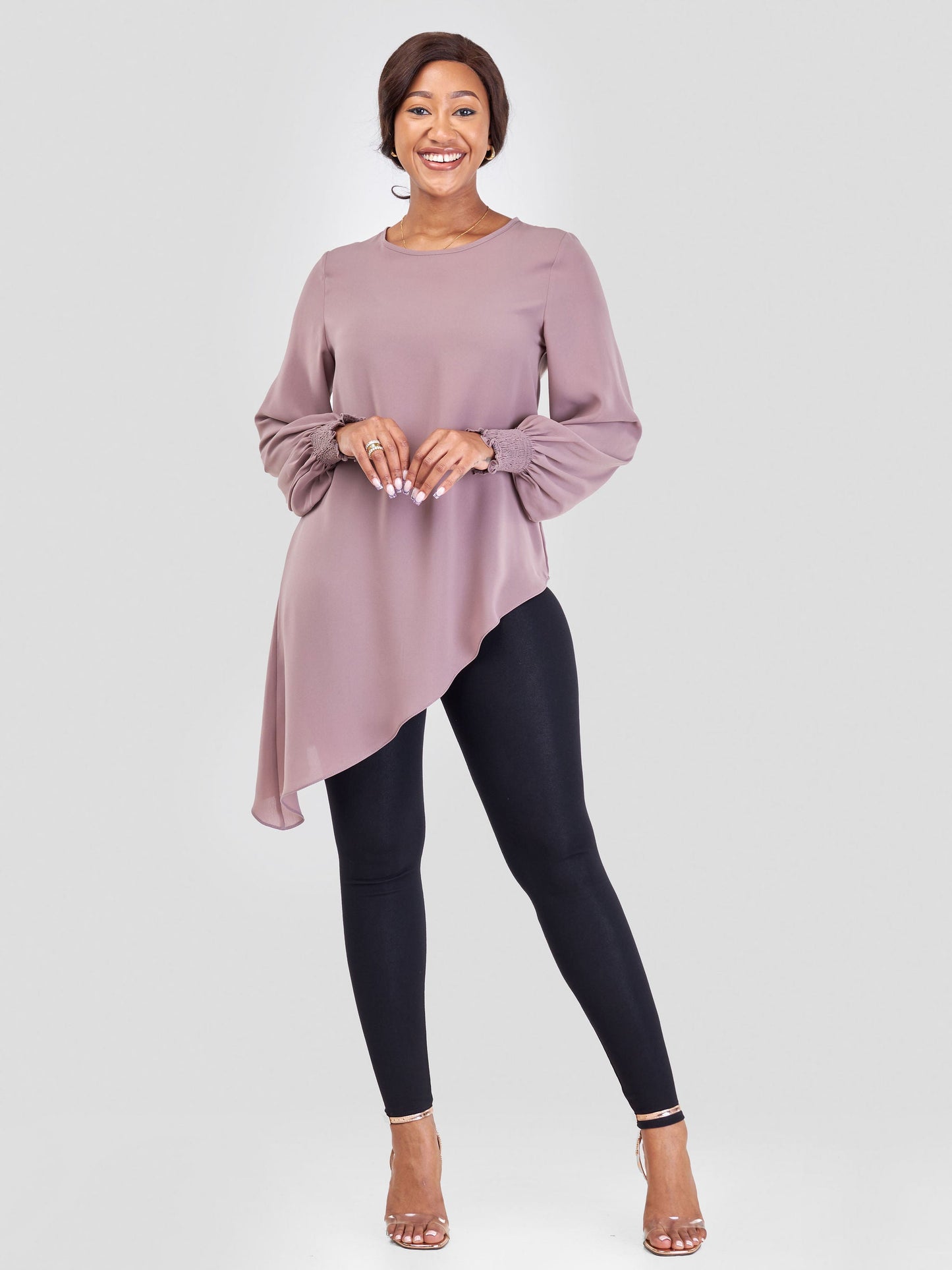 Vivo Wastani Shirred Cuff Asymmetrical Top - Taupe