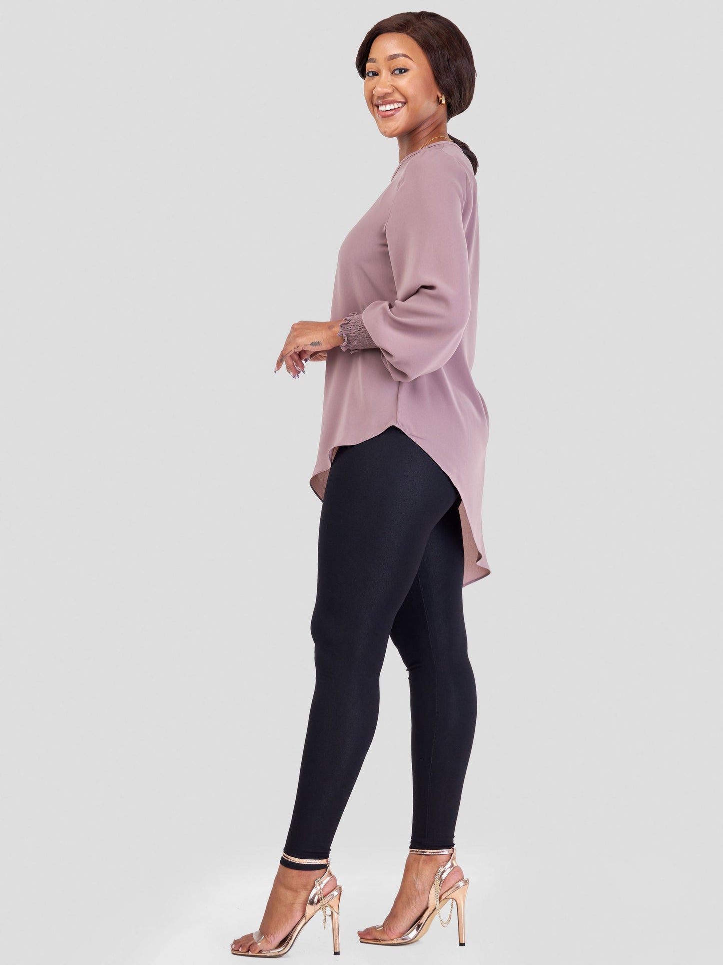 Vivo Wastani Shirred Cuff Asymmetrical Top - Taupe