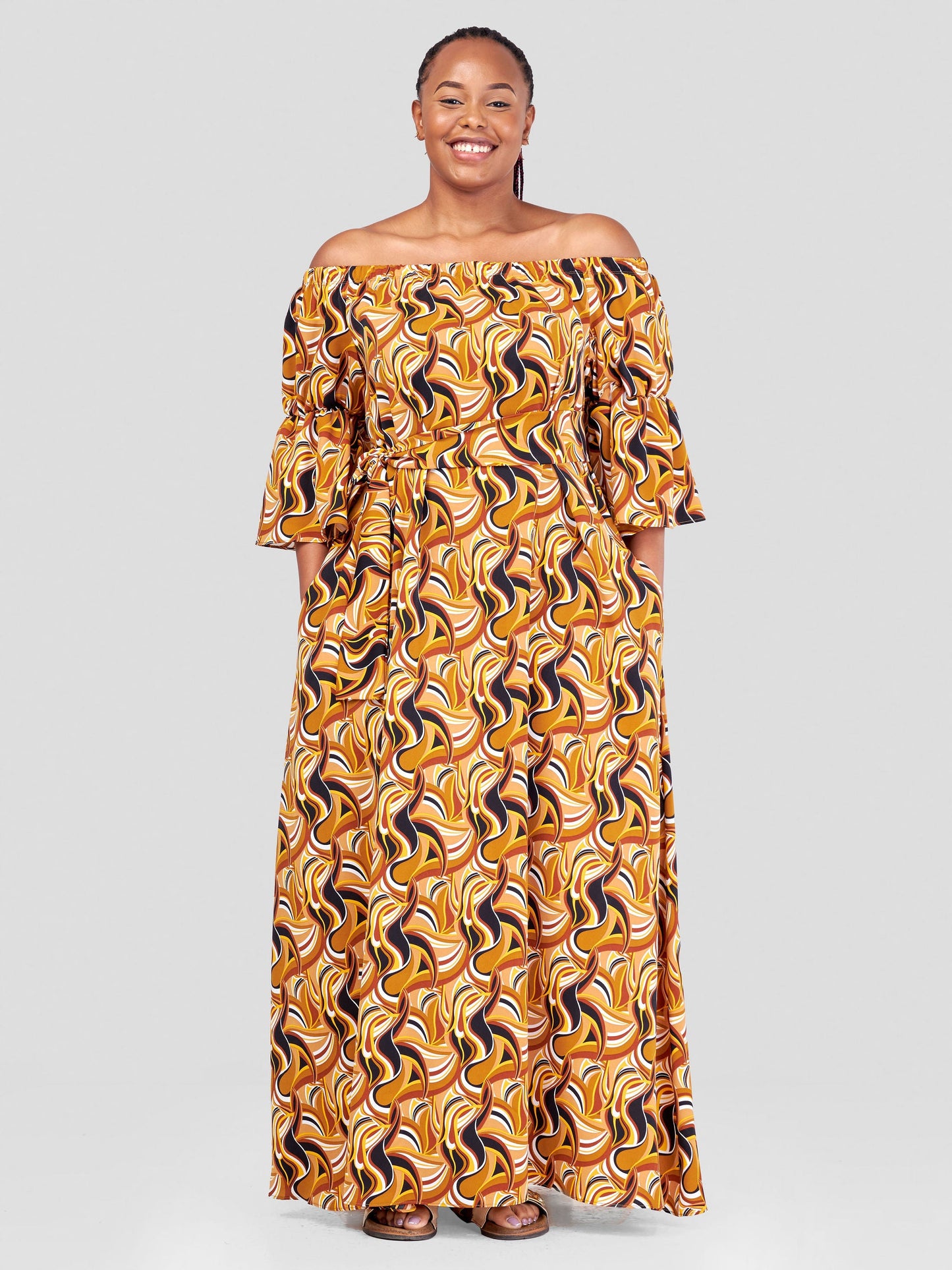 Vivo Tana Off Shoulder Maxi Dress - Mustard / Brown Abstract Print