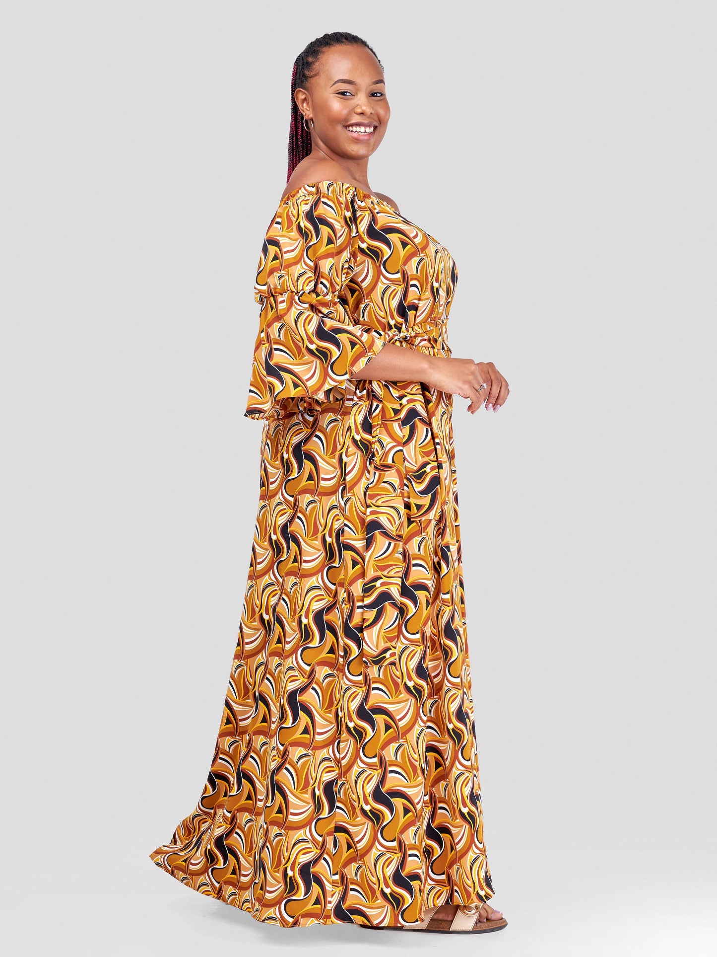 Vivo Tana Off Shoulder Maxi Dress - Mustard / Brown Abstract Print