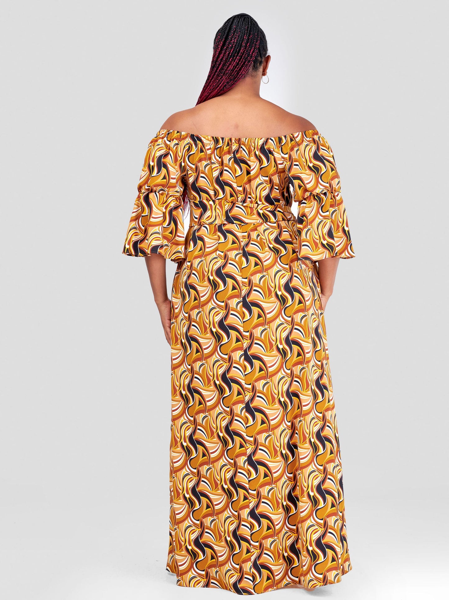 Vivo Tana Off Shoulder Maxi Dress - Mustard / Brown Abstract Print