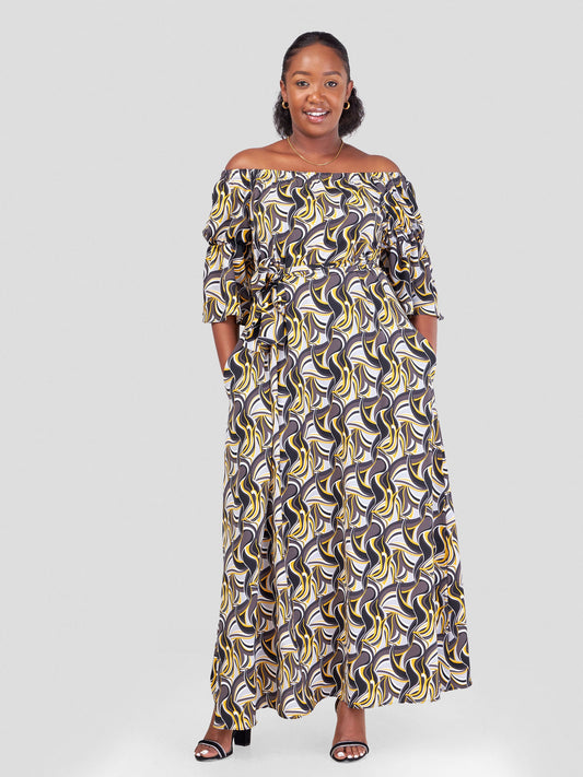 Vivo Tana Off Shoulder Maxi Dress - Black / Mustard Abstract Print