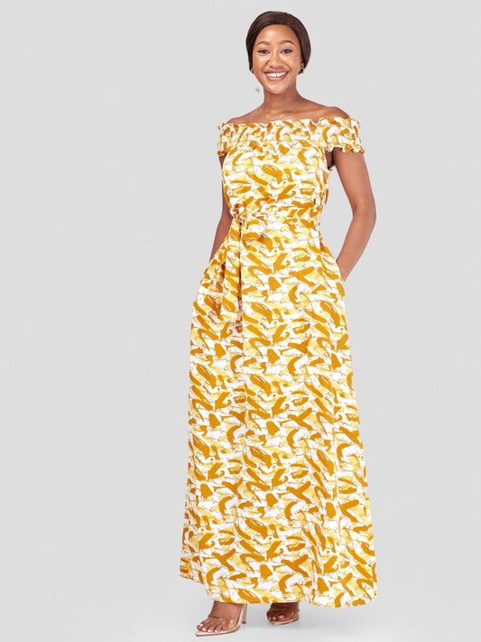 Vivo Alek Off-Shoulder Maxi Dress - White / Mustard Abstract Print