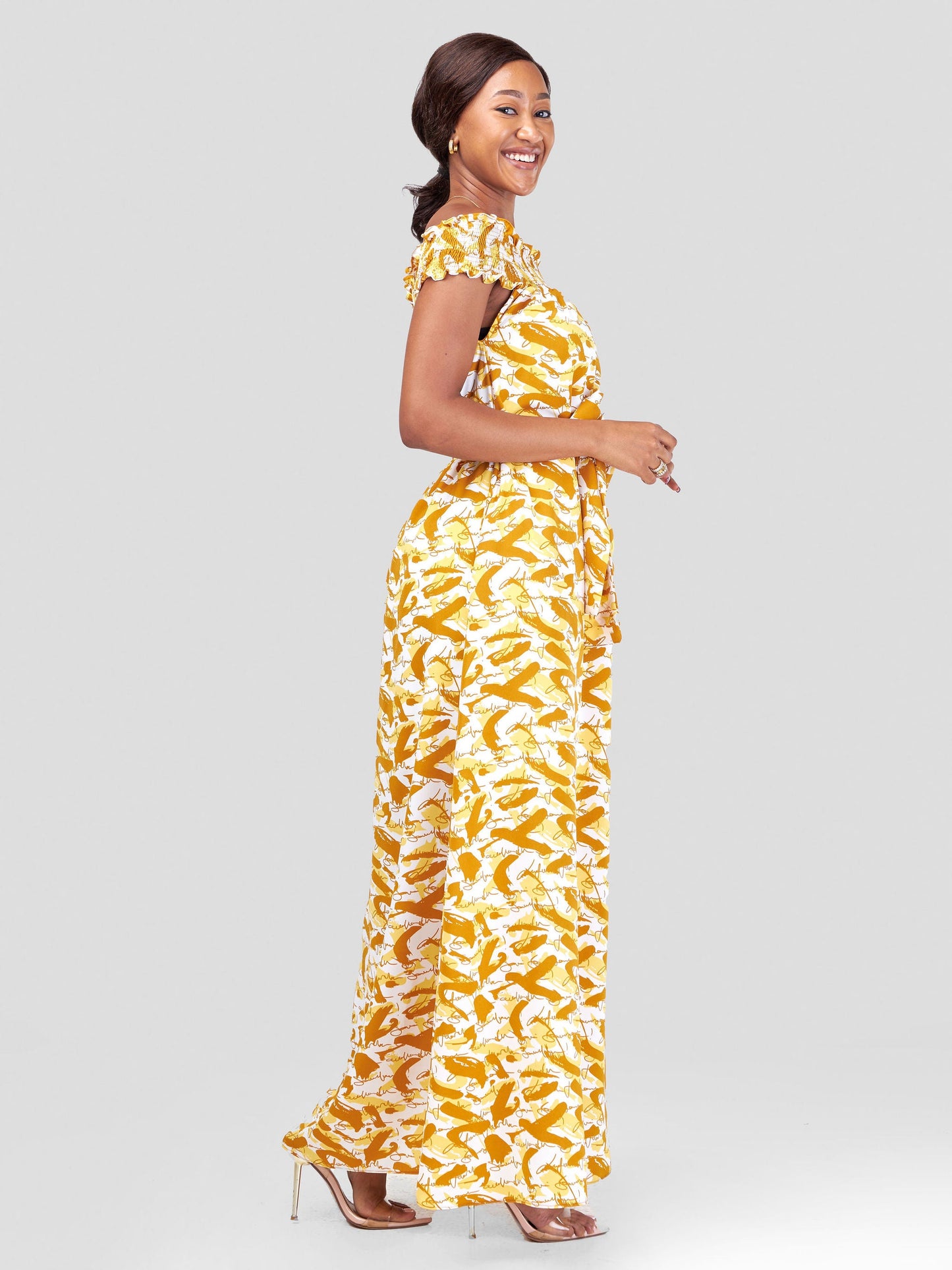 Vivo Alek Off-Shoulder Maxi Dress - White / Mustard Abstract Print