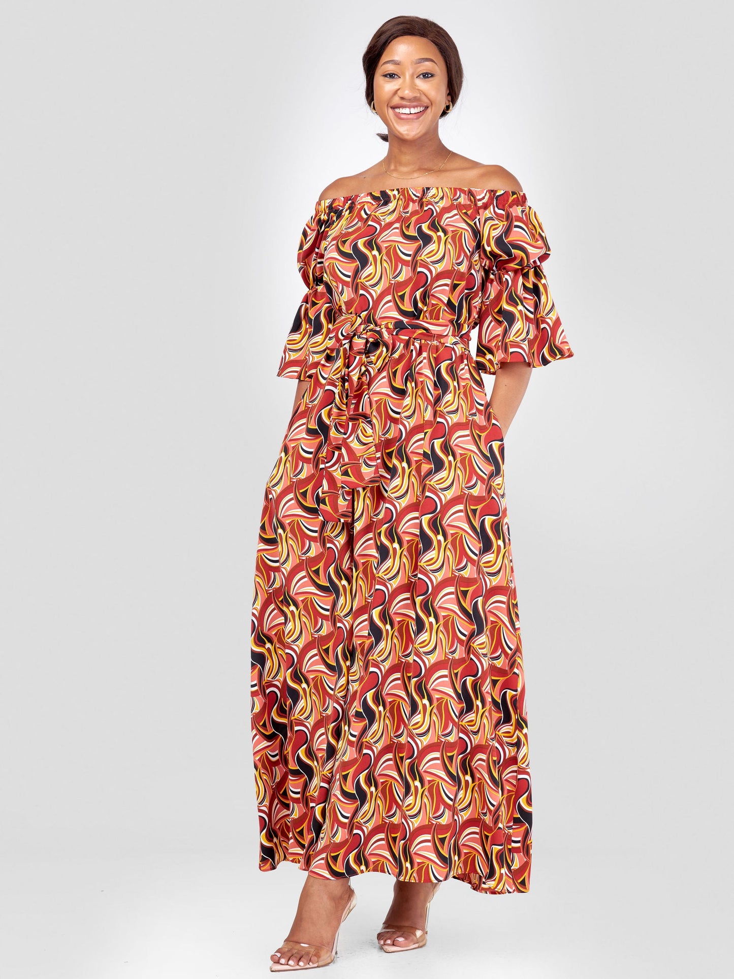 Vivo Tana Off Shoulder Maxi Dress - Mustard / Peach Abstract Print
