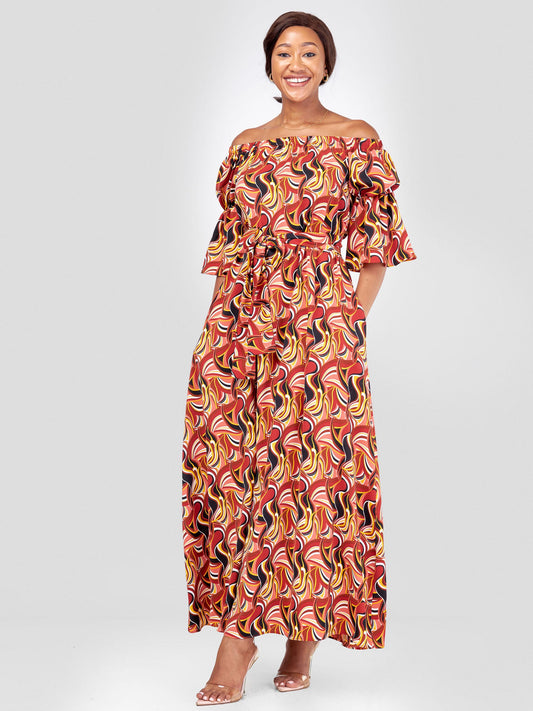 Vivo Tana Off Shoulder Maxi Dress - Mustard / Peach Abstract Print