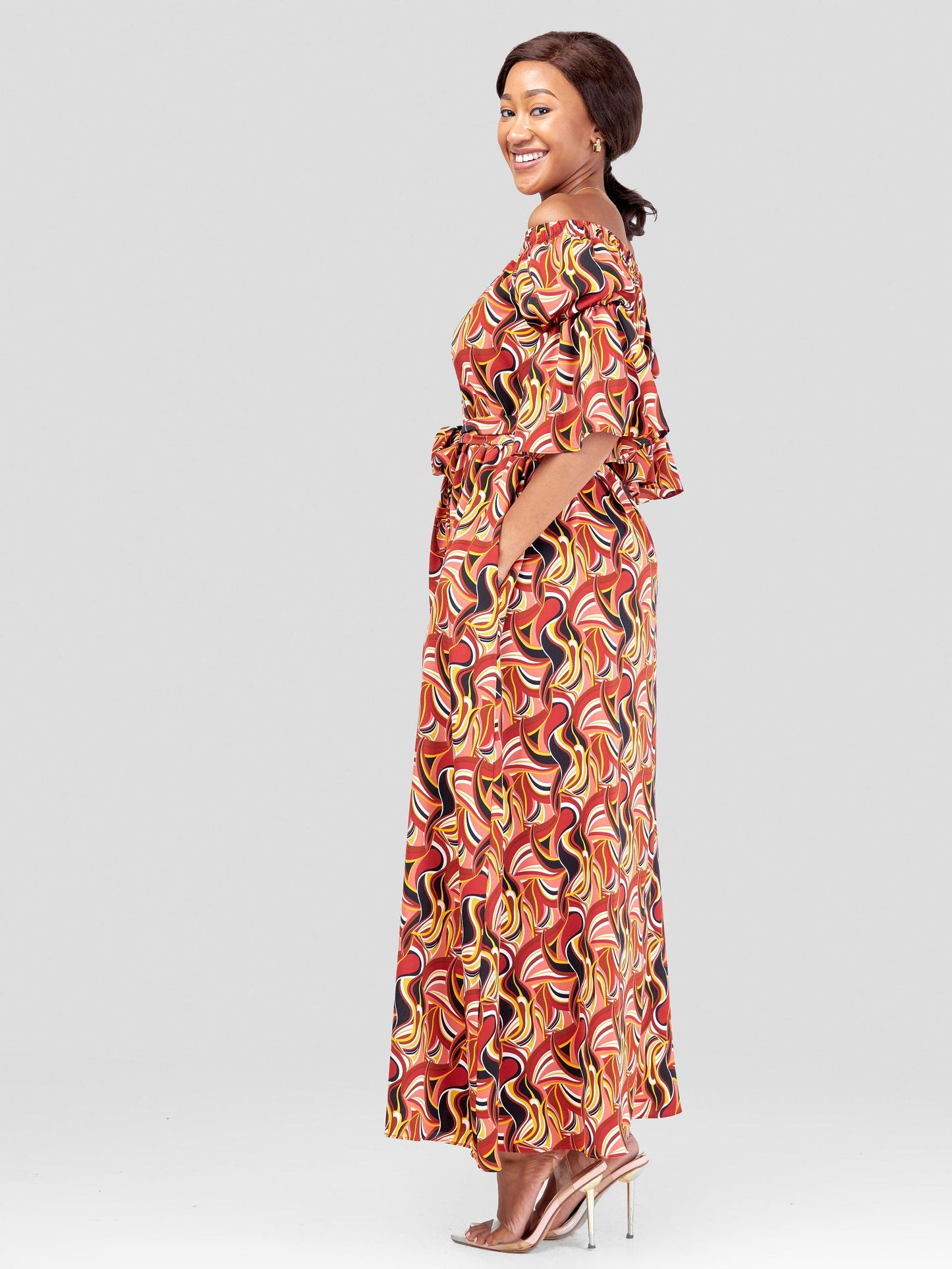 Vivo Tana Off Shoulder Maxi Dress - Mustard / Peach Abstract Print