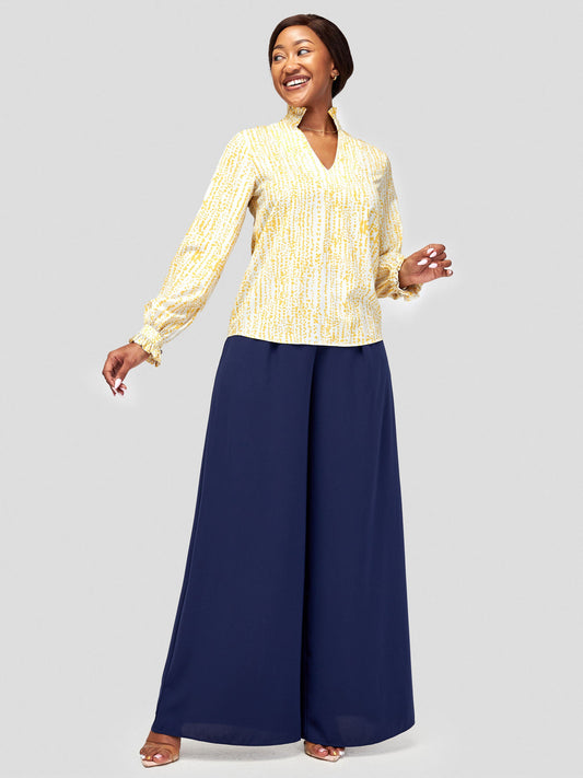 Vivo Sani Long Sleeve V-Neck Ruffle Top - Off White / Mustard Heri Abstract Print