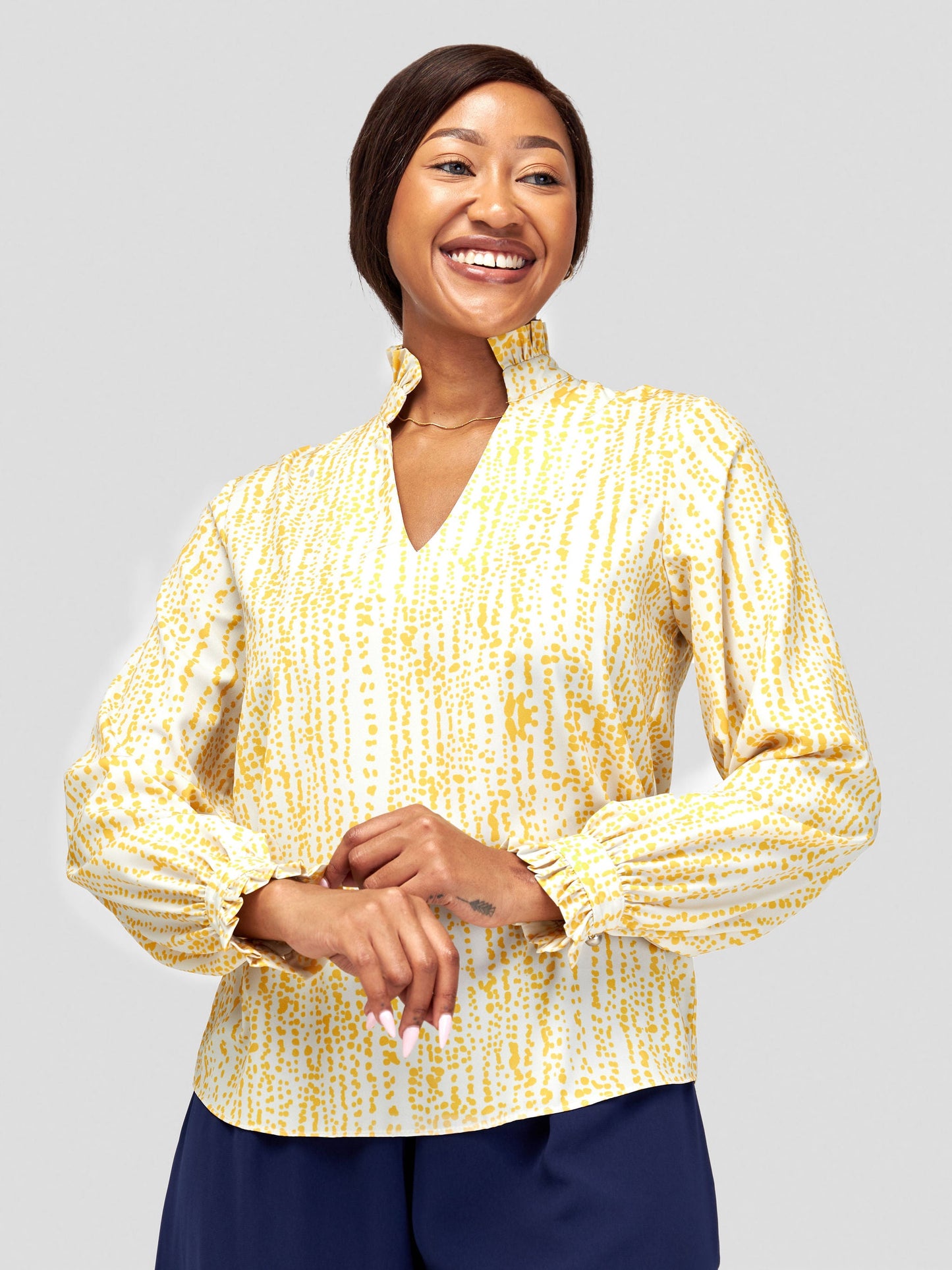 Vivo Sani Long Sleeve V-Neck Ruffle Top - Off White / Mustard Heri Abstract Print