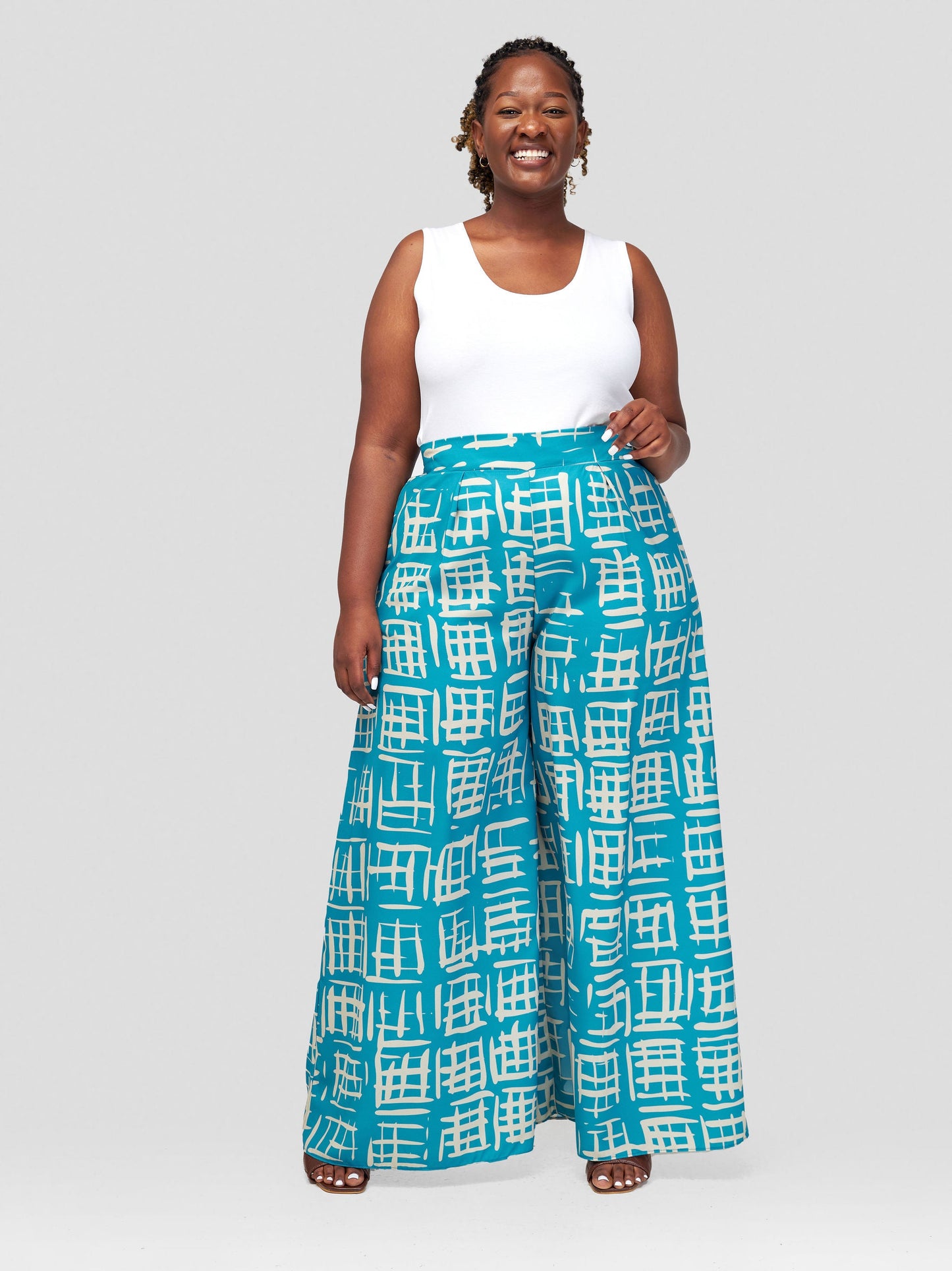 Vivo Basic Crepe Pants - Teal / Taupe Batik Geometric Print