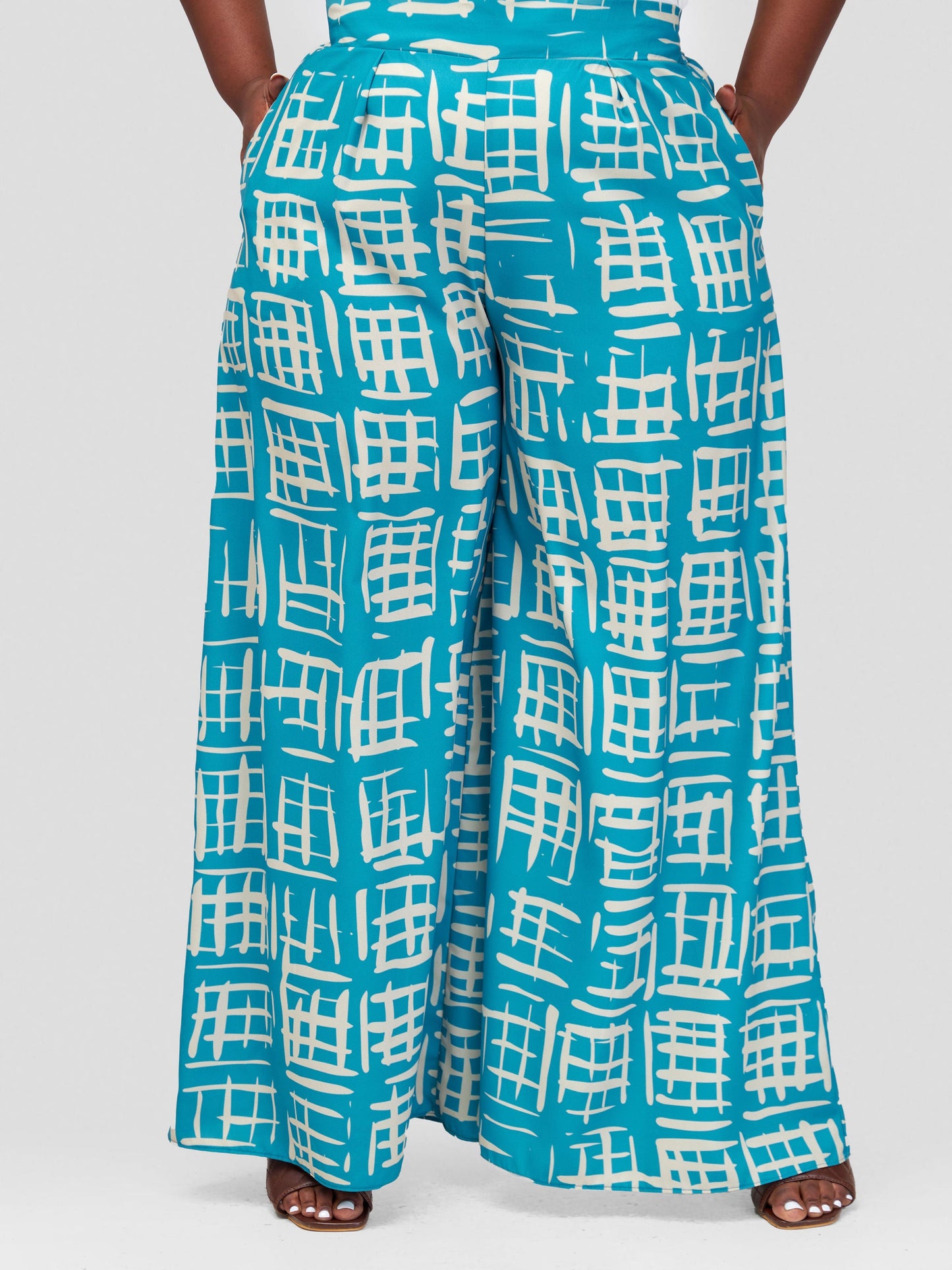Vivo Basic Crepe Pants - Teal / Taupe Batik Geometric Print