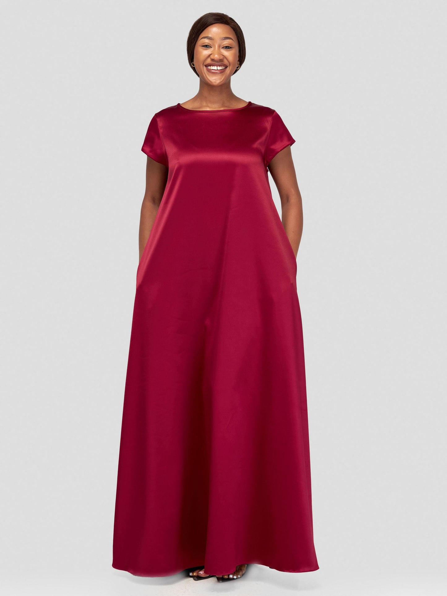 Vivo Basic Satin Cap Sleeve Maxi Dress - Maroon