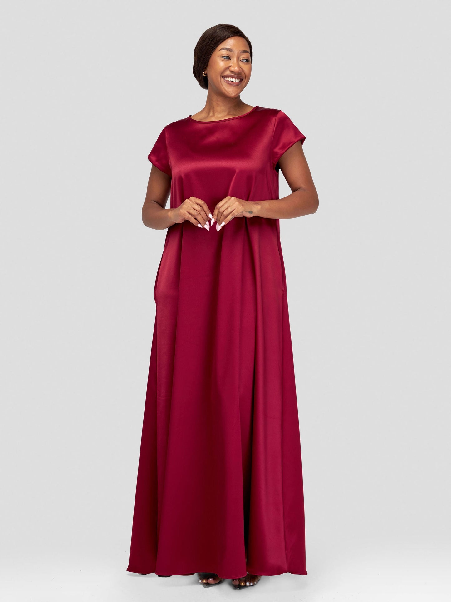 Vivo Basic Satin Cap Sleeve Maxi Dress - Maroon