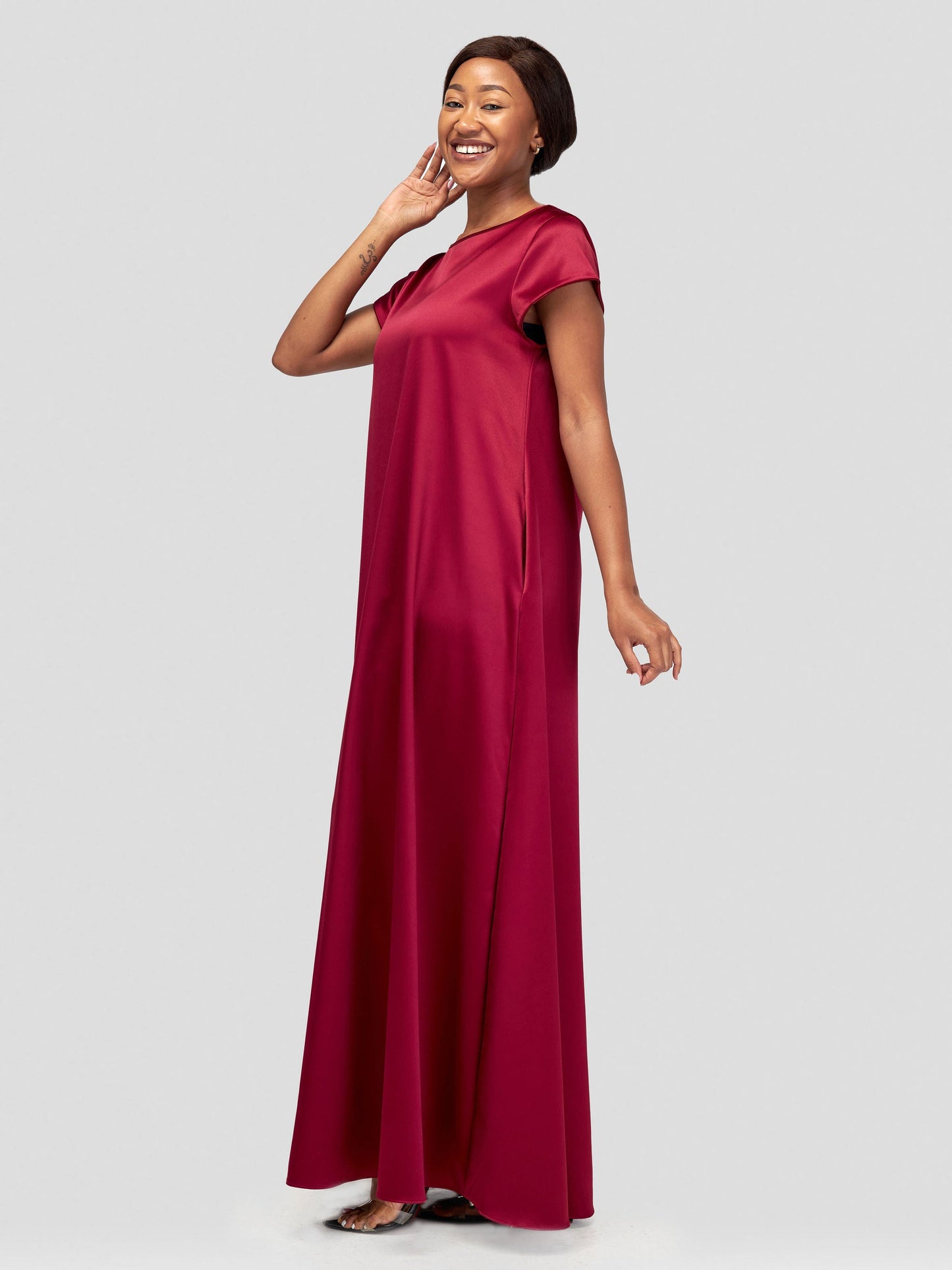 Vivo Basic Satin Cap Sleeve Maxi Dress - Maroon