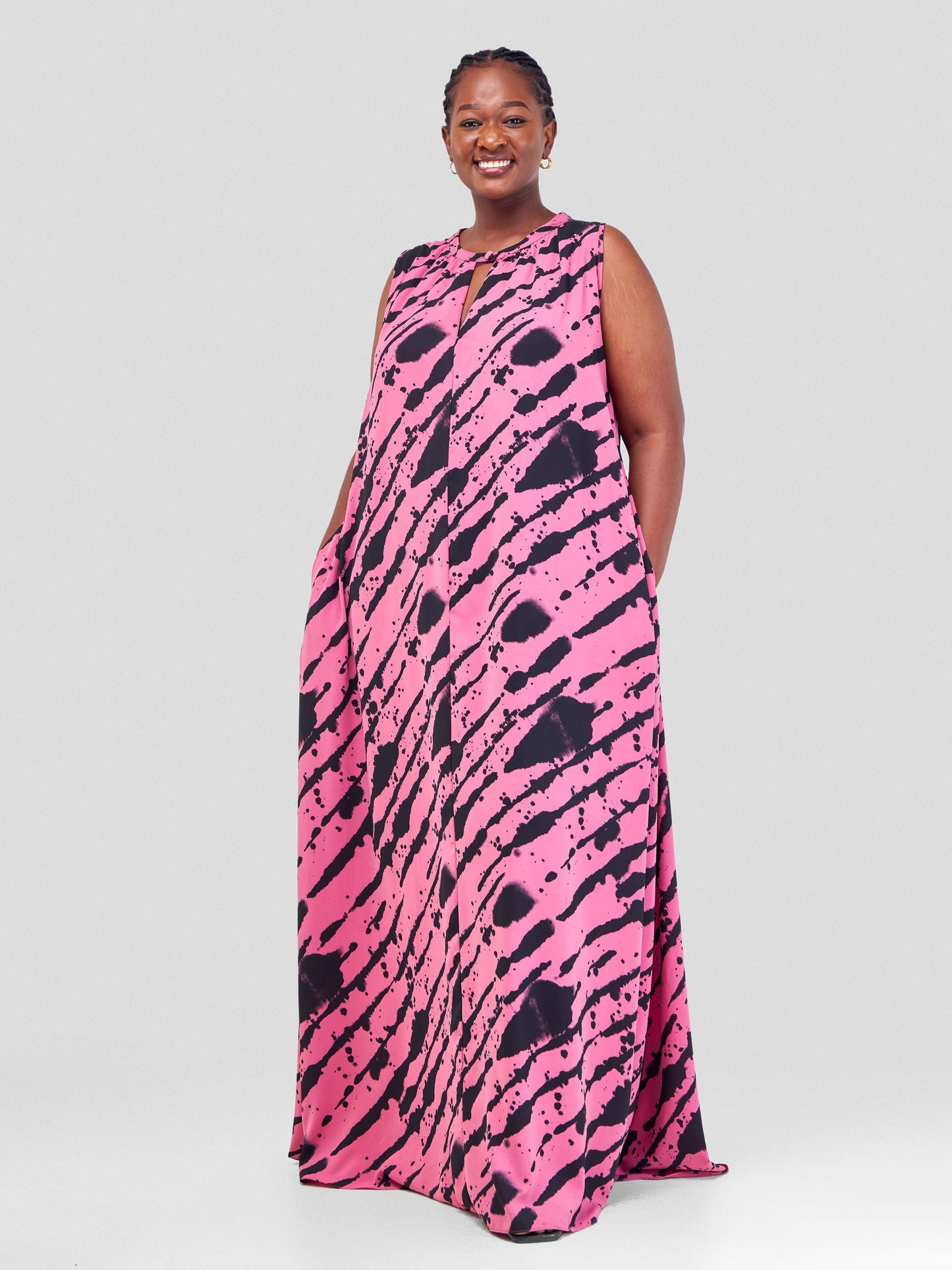 Vivo Ava Tent Maxi Dress - Black / Pink Mistari Diagonal Print