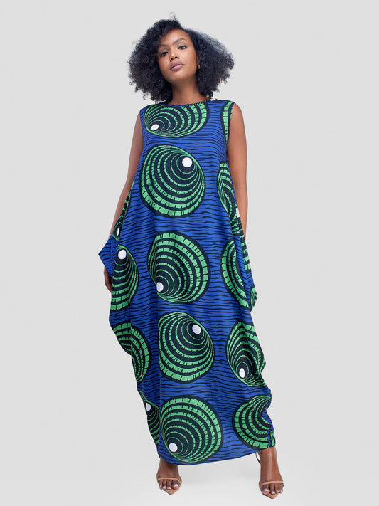 Vivo Alek Side Cowl Sleeveless Maxi Dress - Green / Blue Abstract Print
