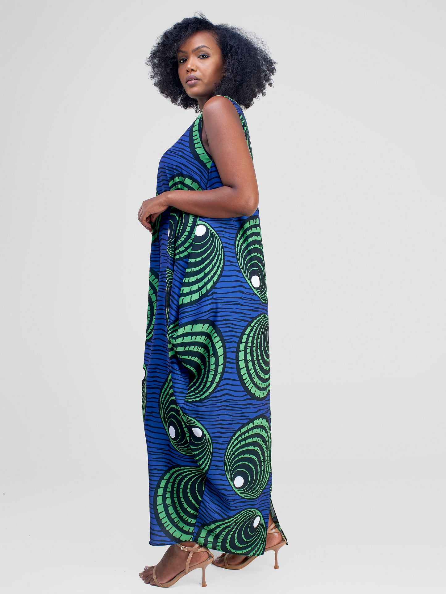 Vivo Alek Side Cowl Sleeveless Maxi Dress - Green / Blue Abstract Print
