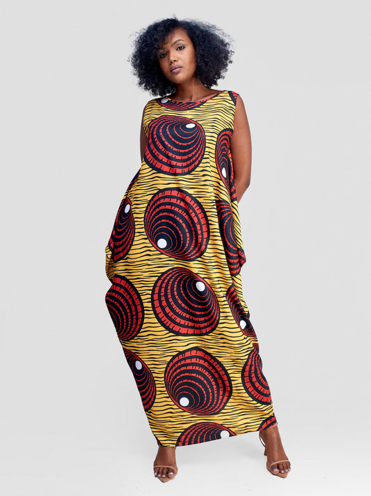 Vivo Alek Side Cowl Sleeveless Maxi Dress - Yellow / Red Abstract Print