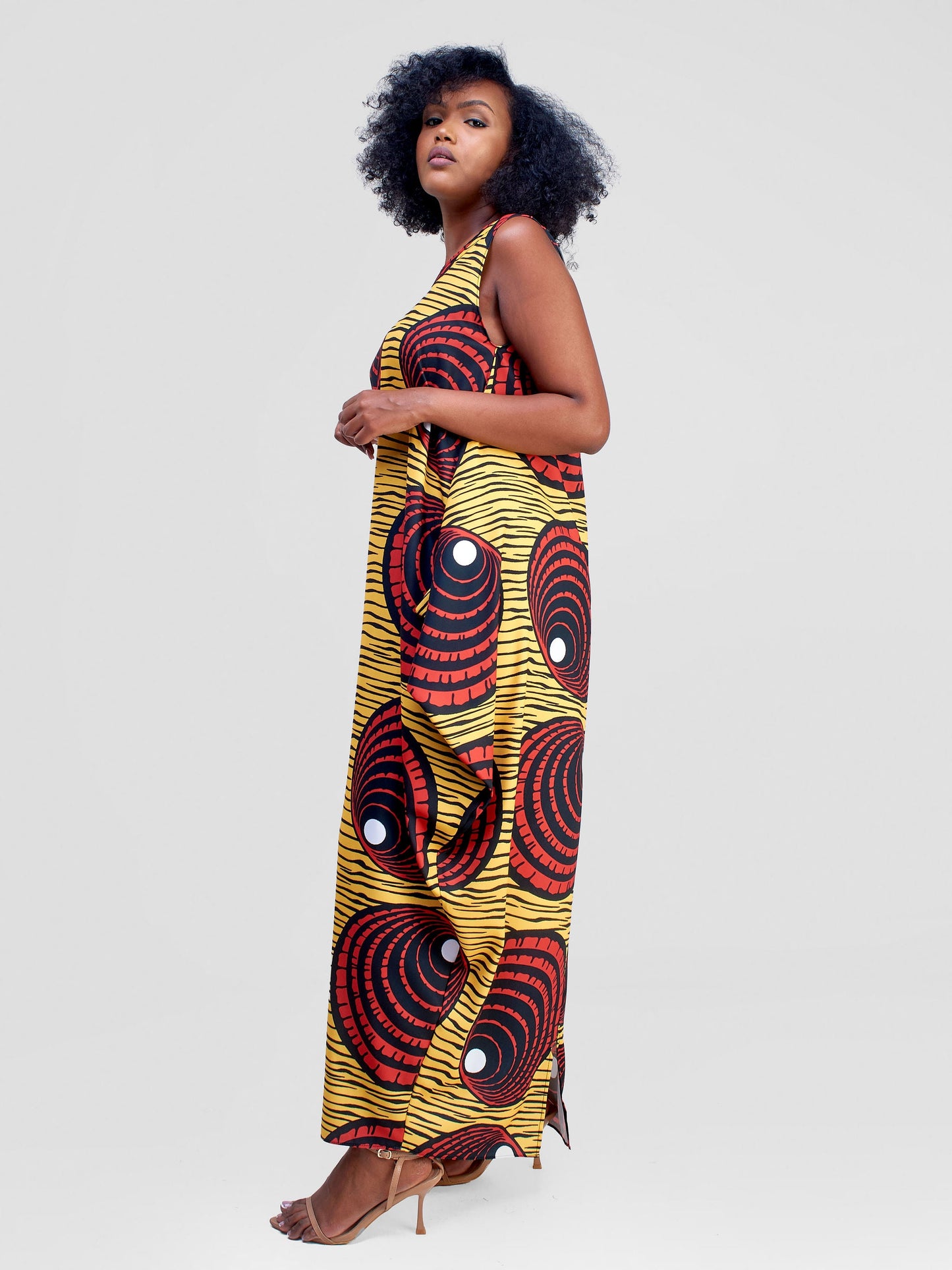 Vivo Alek Side Cowl Sleeveless Maxi Dress - Yellow / Red Abstract Print