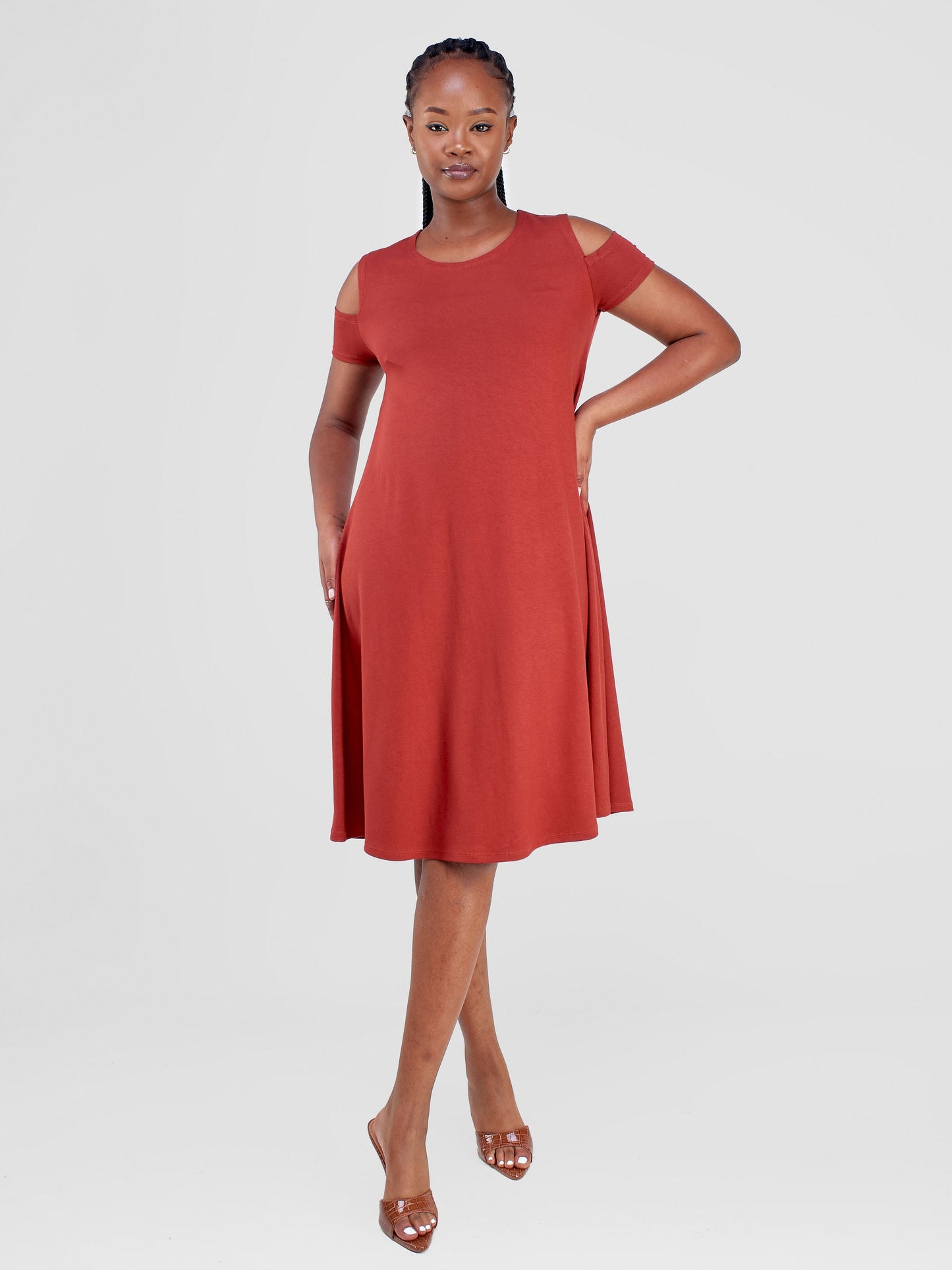 Vivo Lamu Knee Length Cold Shoulder Dress - Rust