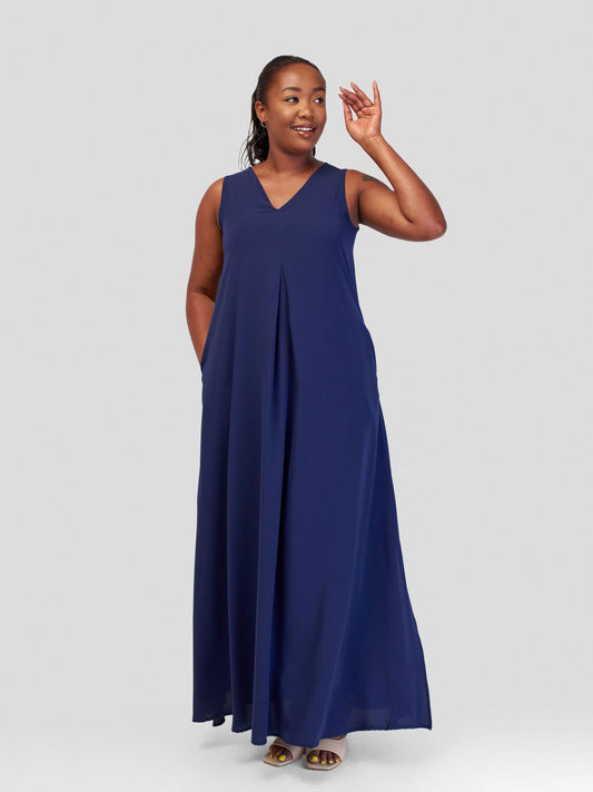 Vivo Ava Front Pleat Maxi Dress - Navy Blue