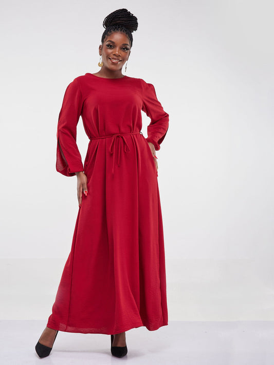 Vivo Tunu Long Slit Sleeve Tent Maxi Dress - Dark Red