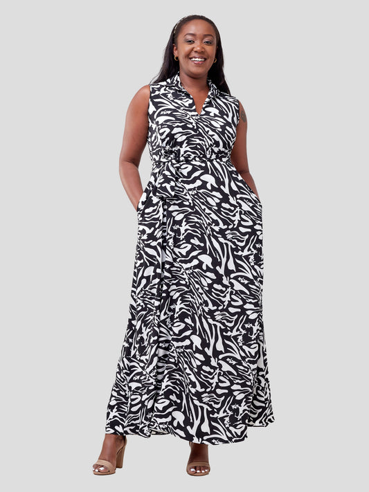Vivo Zuri Sleeveless Tent Maxi Dress - Black / White Abstract Print