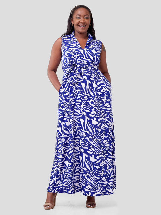 Vivo Zuri Sleeveless Tent Maxi Dress - Blue / White Abstract Print