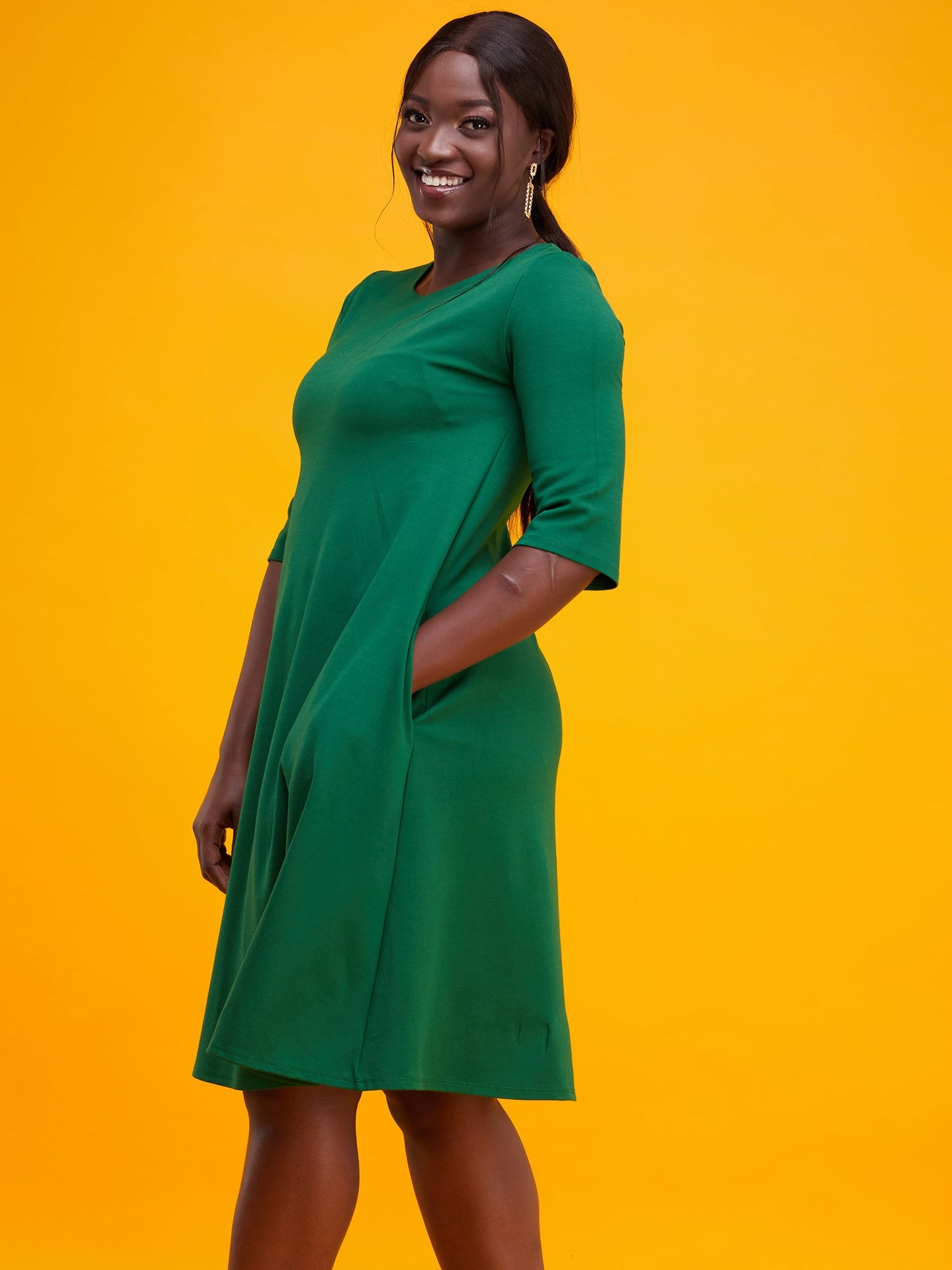 Vivo Basic 3/4 Sleeve Kena Tent Knee Length Dress - Green