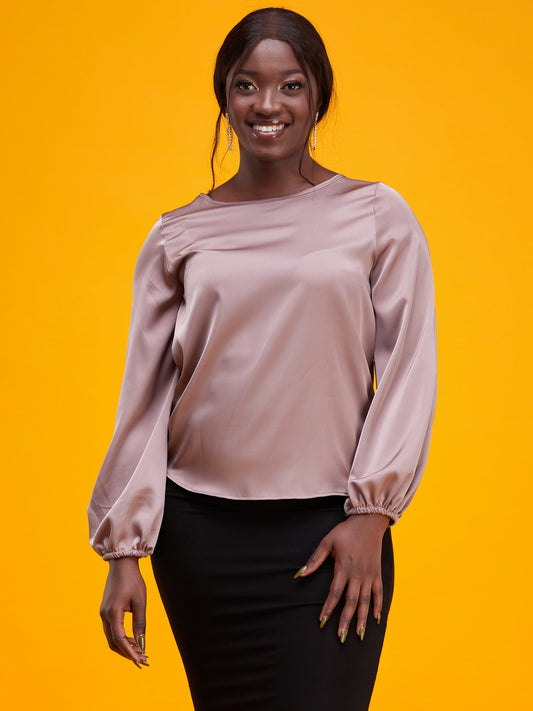 Vivo Basic Satin Bishop Sleeved Top - Taupe
