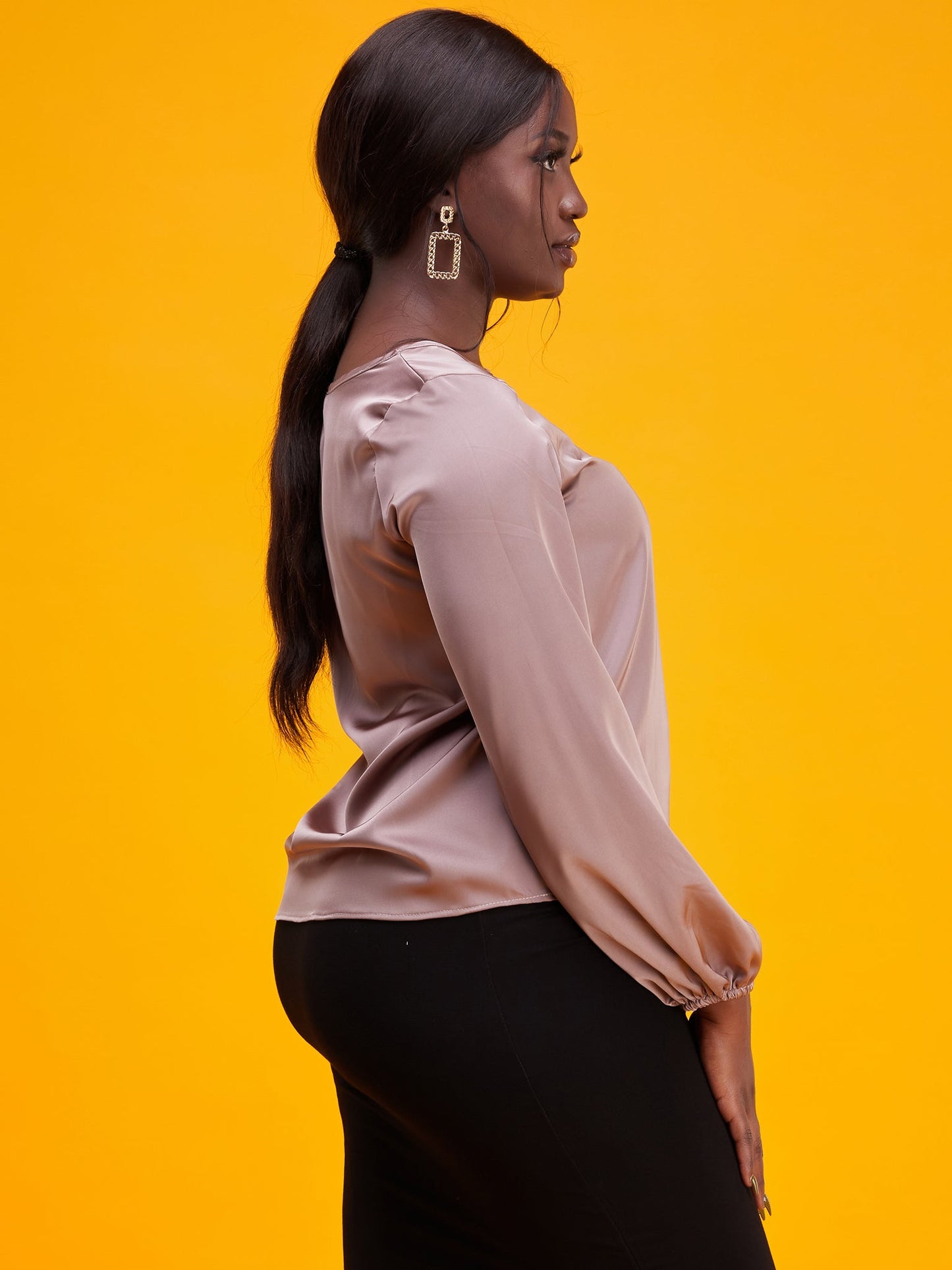 Vivo Basic Satin Bishop Sleeved Top - Taupe