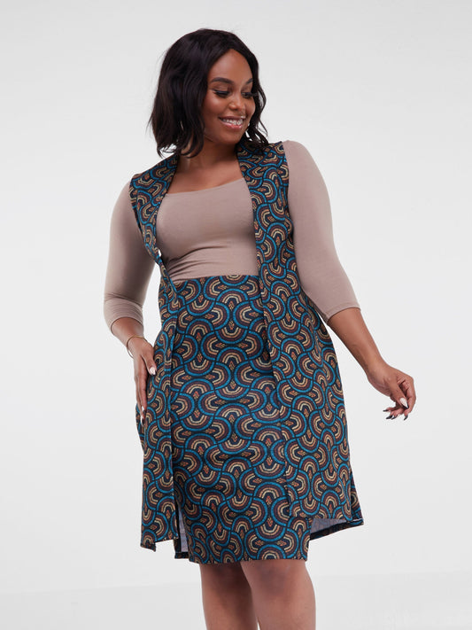 Vivo Hema Sleeveless Overcoat - Black / Mustard Print