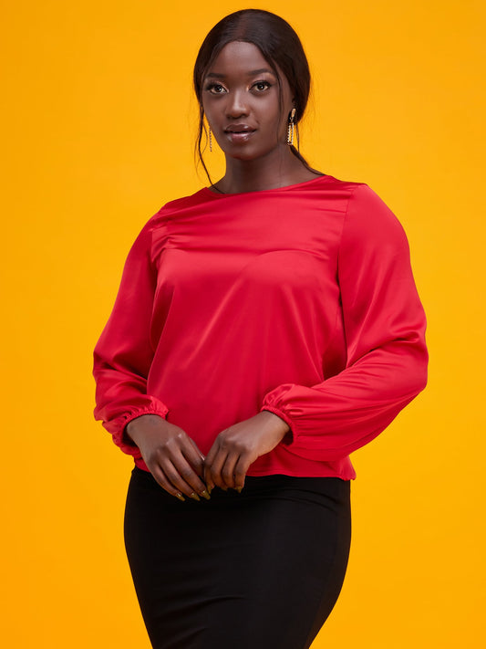 Vivo Basic Satin Bishop Sleeved Top - Red